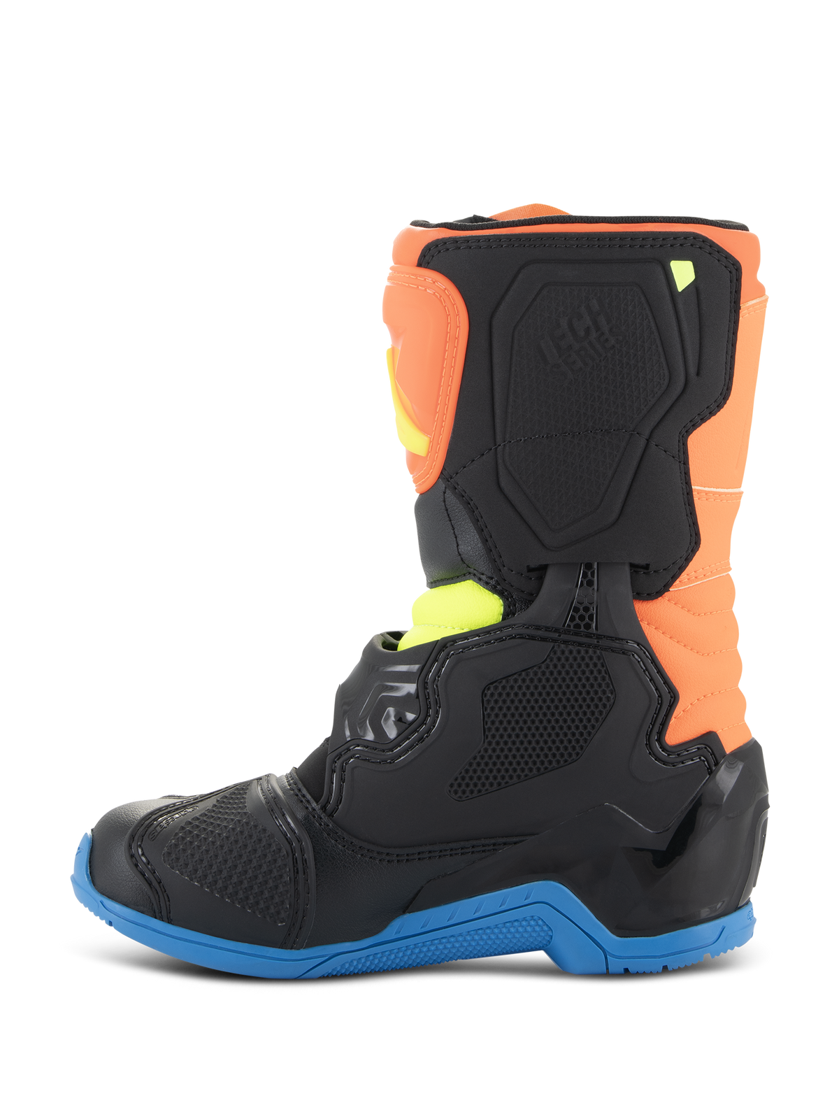 Botas Tech 3S Kids Alpinestars, botas de motocross, Laranja Fluo, Azul Enamel e Amarelo Fluo, vista de perfil lateral com painéis de proteção pretos, sola azul e parte superior laranja, concebidas para corridas off-road para jovens