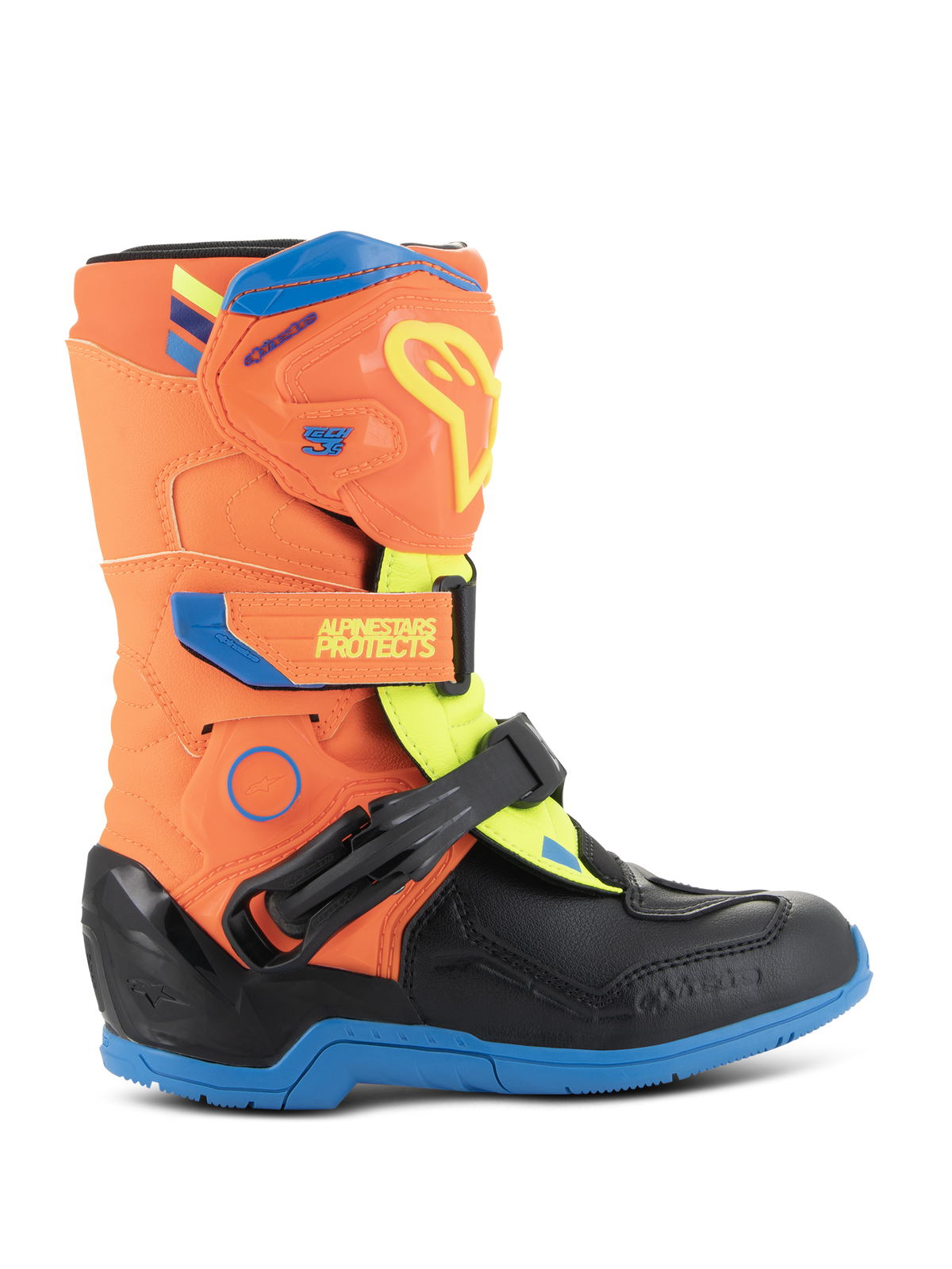 Alpinestars Kids Tech 3S, botas de motocross para criança, laranja néon, azul esmalte e amarelo néon, com placa de canela protetora em TPU, tiras de velcro ajustáveis e sola de borracha azul durável, concebidas para corridas off-road