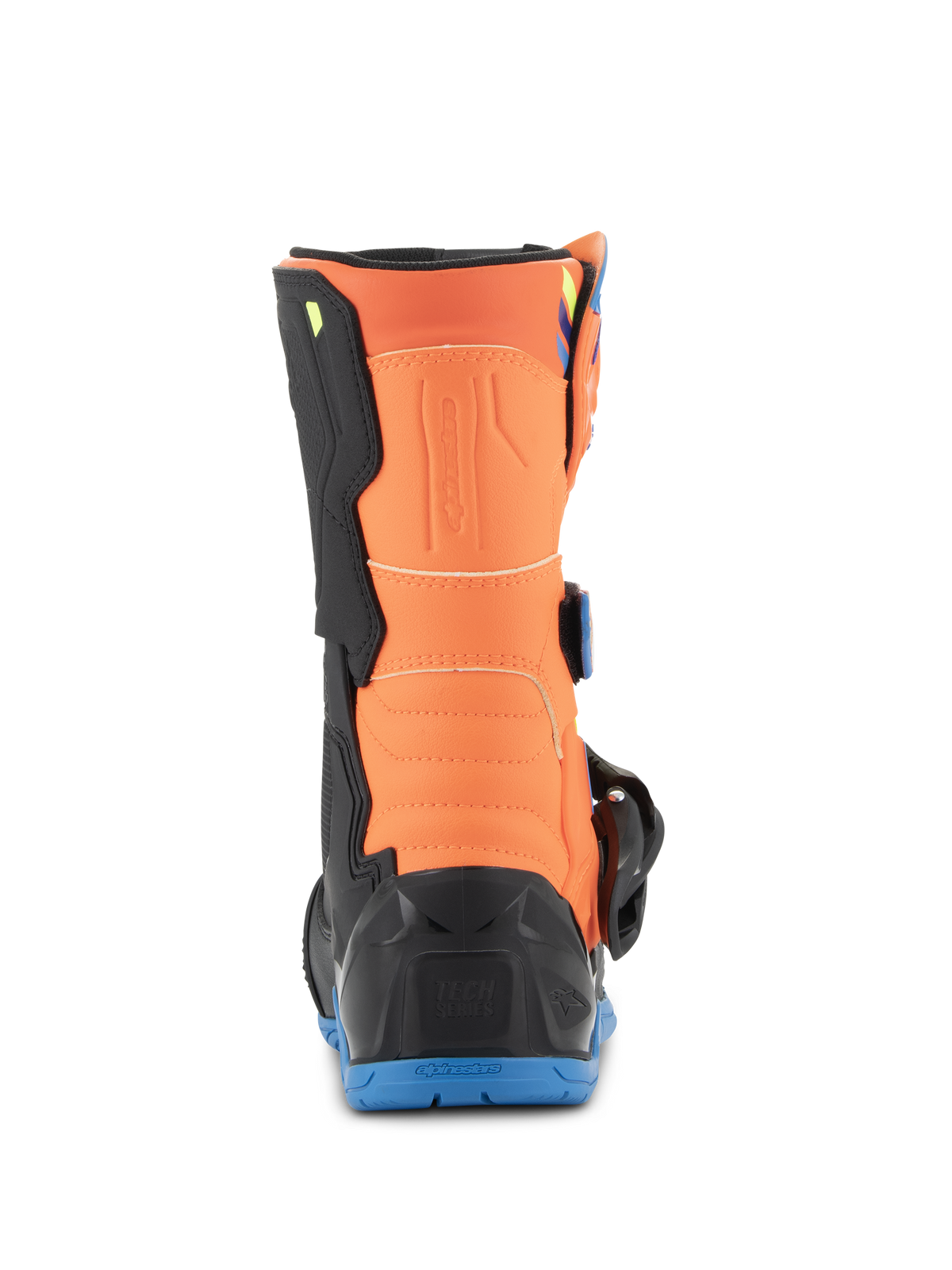 Botas Alpinestars Kids Tech 3S, botas de motocross para criança, laranja fluo e azul enamel, vista traseira mostrando o painel da barriga da perna laranja, protetor de calcanhar preto e sola de borracha azul.