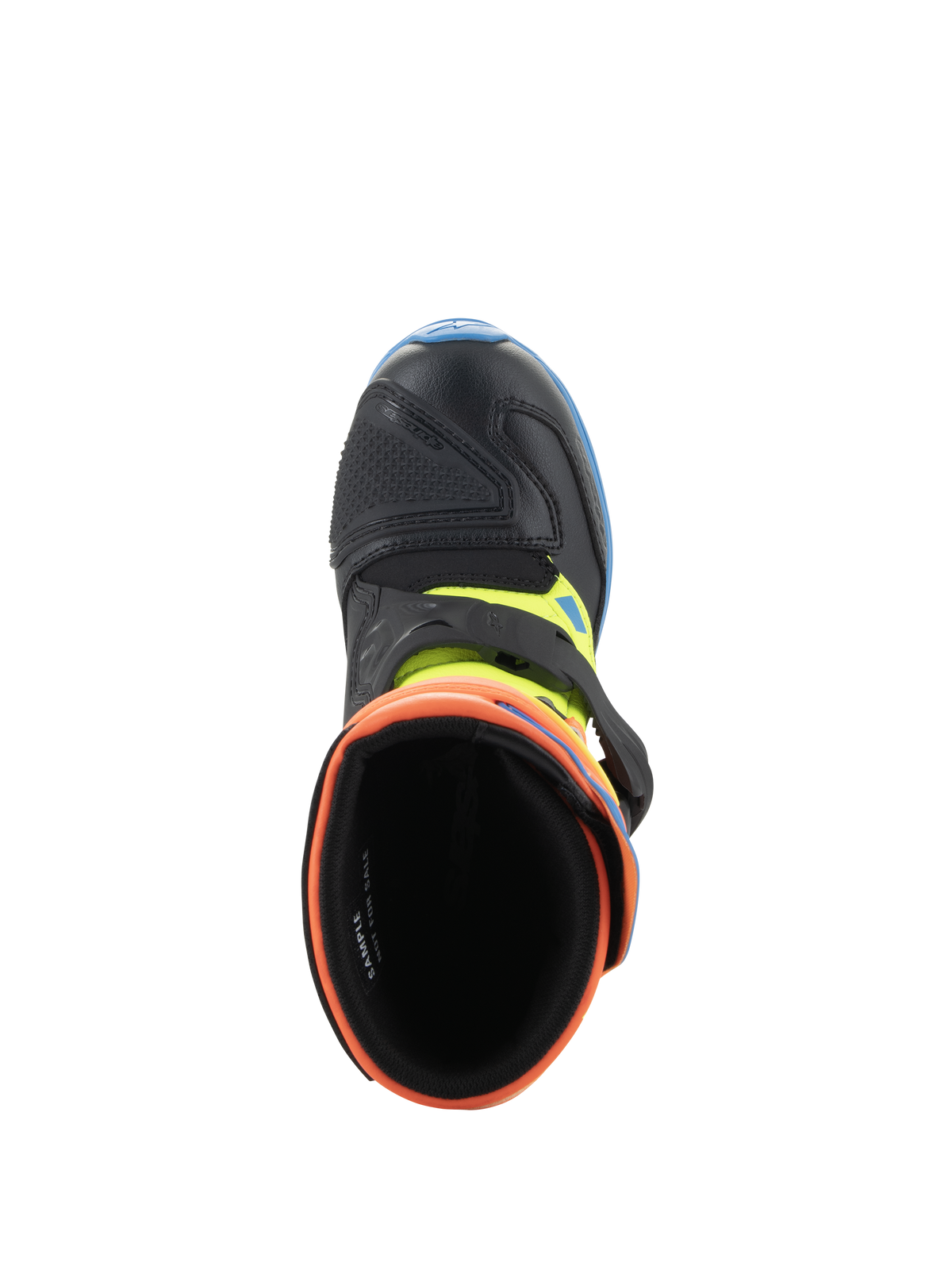 Botas Alpinestars Kids Tech 3S, botas de motocross, laranja fluo, azul enamel e amarelo fluo, vista superior para o interior da abertura almofadada, mostrando a biqueira de microfibra preta e o fecho de fivela.