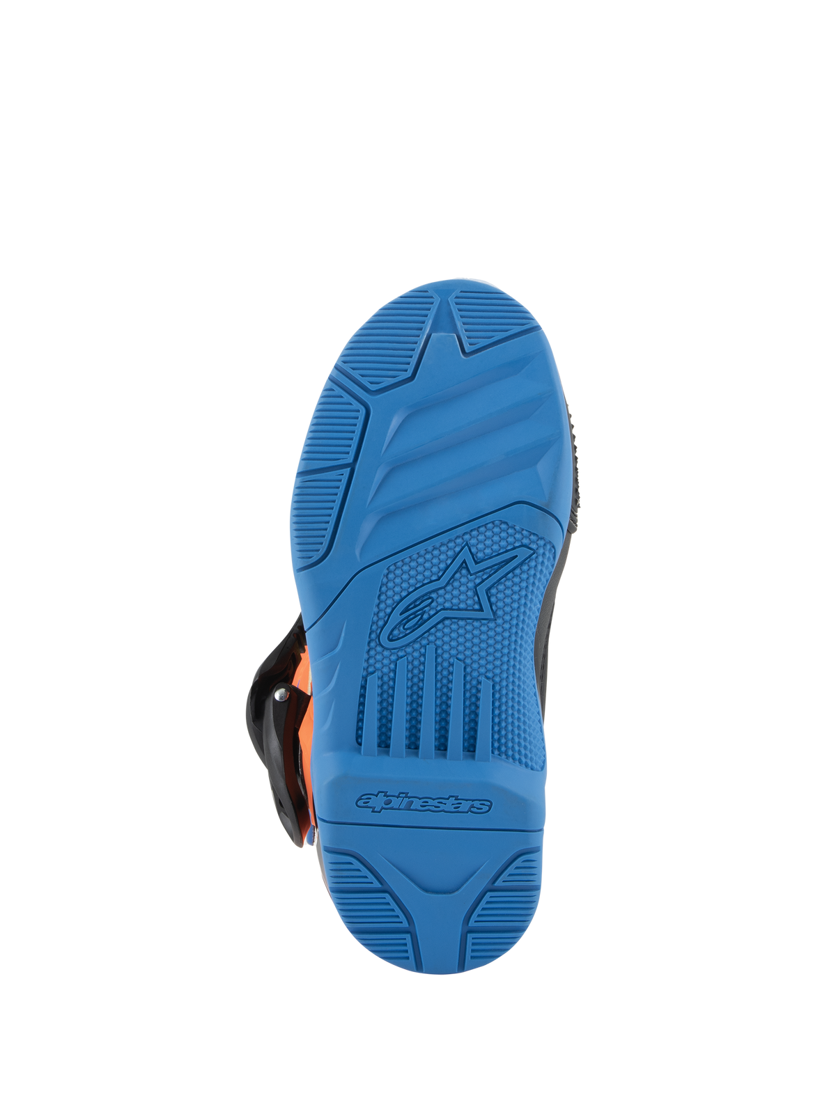 Botas Alpinestars Kids Tech 3S, botas de motocross, vista da sola em Enamel Blue, sola de borracha de alta aderência com padrões de aderência texturizados, com logótipo de estrela e marca nominativa Alpinestars em relevo, design durável de calçado para todo-o-terreno