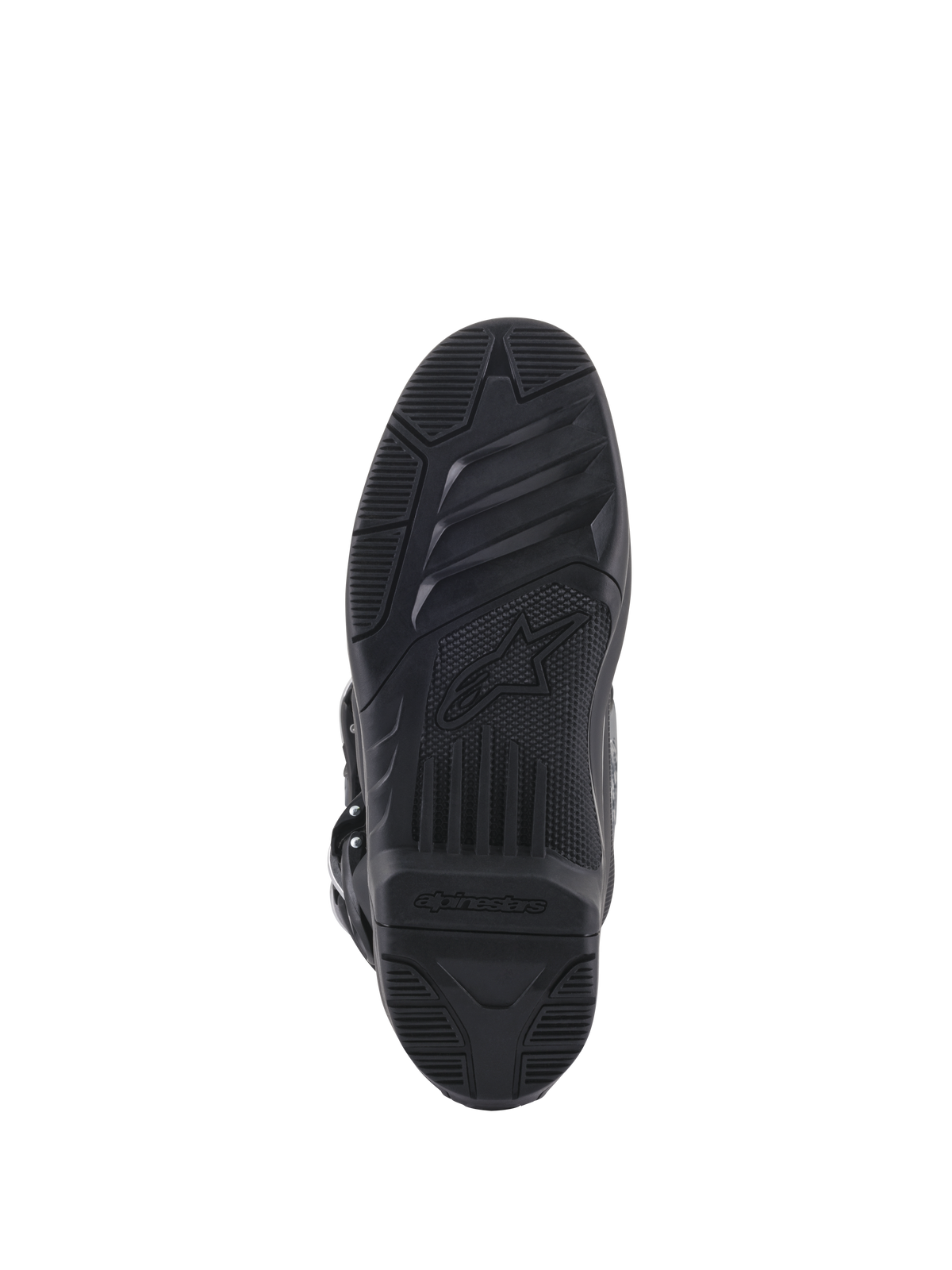 Alpinestars Botas Tech 5, sola de motocross preta, design de duplo composto substituível com textura de alta aderência e logótipo.
