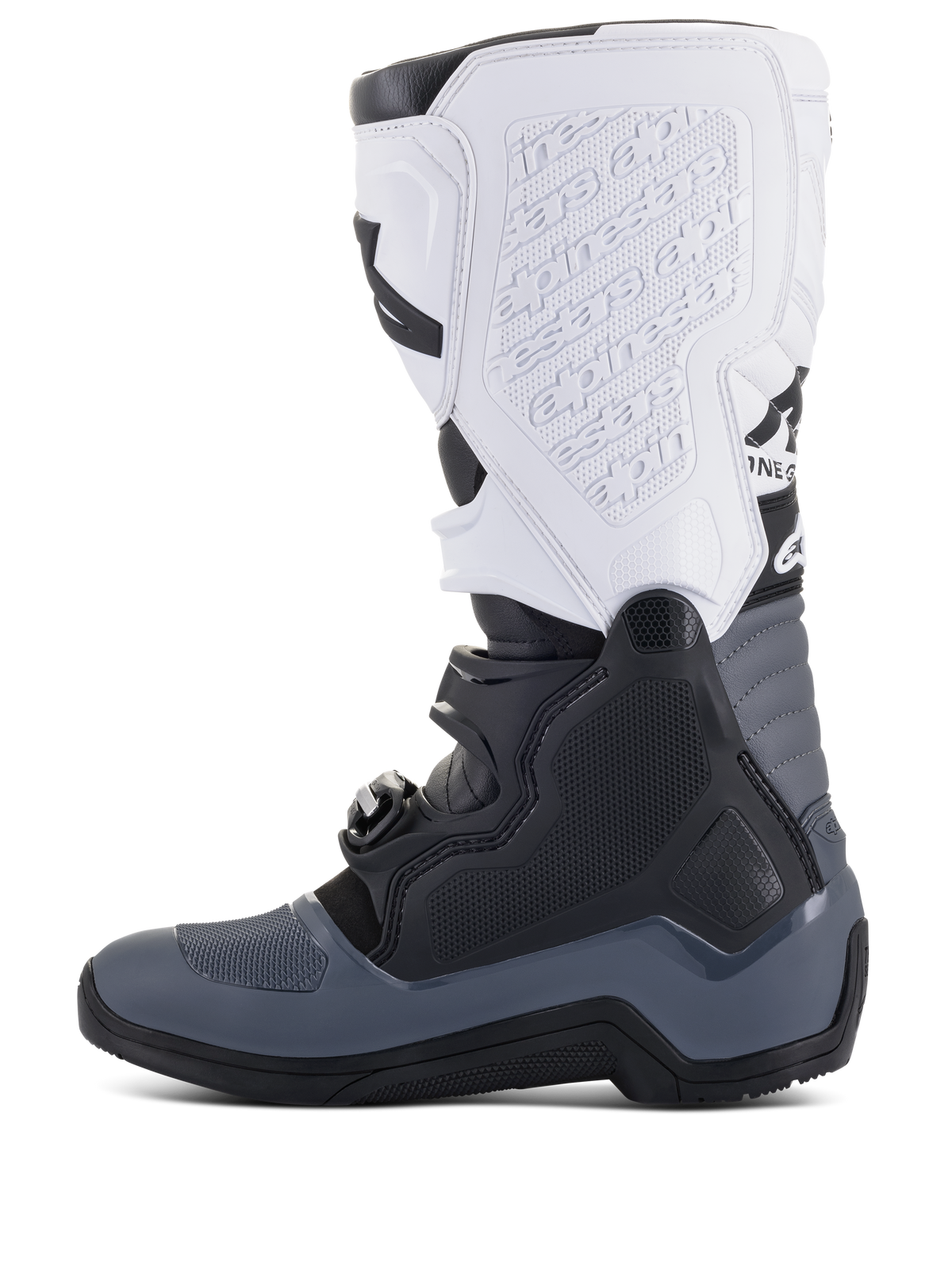 Botas Alpinestars Tech 5, botas de motocross, pretas, cinzento escuro e brancas, vista de perfil lateral com múltiplos fechos de fivela, marca em relevo na caneleira branca, construção durável para performance em todo-o-terreno