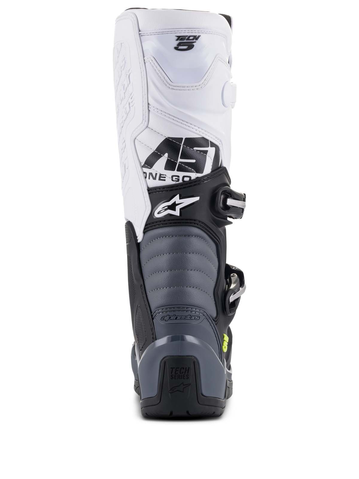 Botas Alpinestars Tech 5, botas de motocross, preto, cinzento escuro e branco, vista traseira mostrando a parte superior branca com marca Tech 5, zonas de flexão em acordeão cinzentas e proteção de calcanhar preta com logótipo Tech Series