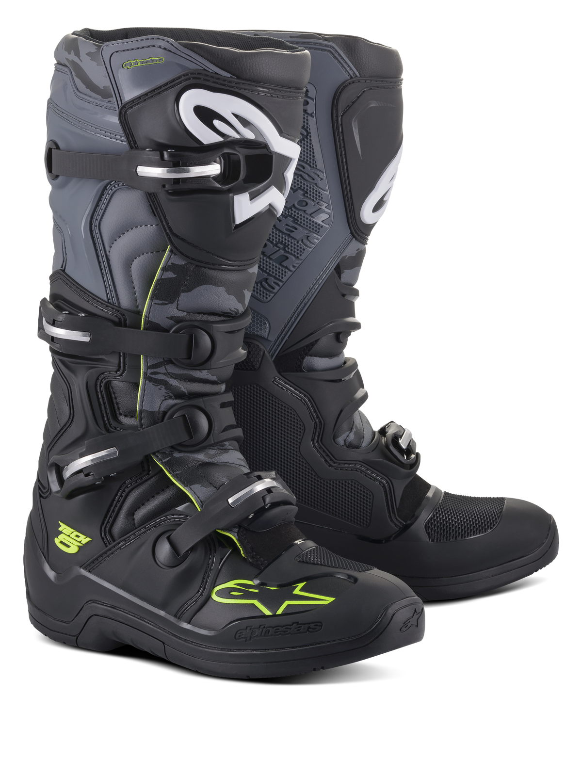 Botas Alpinestars Tech 5, botas de motocross e todo-o-terreno, pretas, cinzento e amarelo néon, com sistema de fecho de quatro fivelas, logótipos brancos na canela e detalhes em amarelo néon, construção em microfibra durável