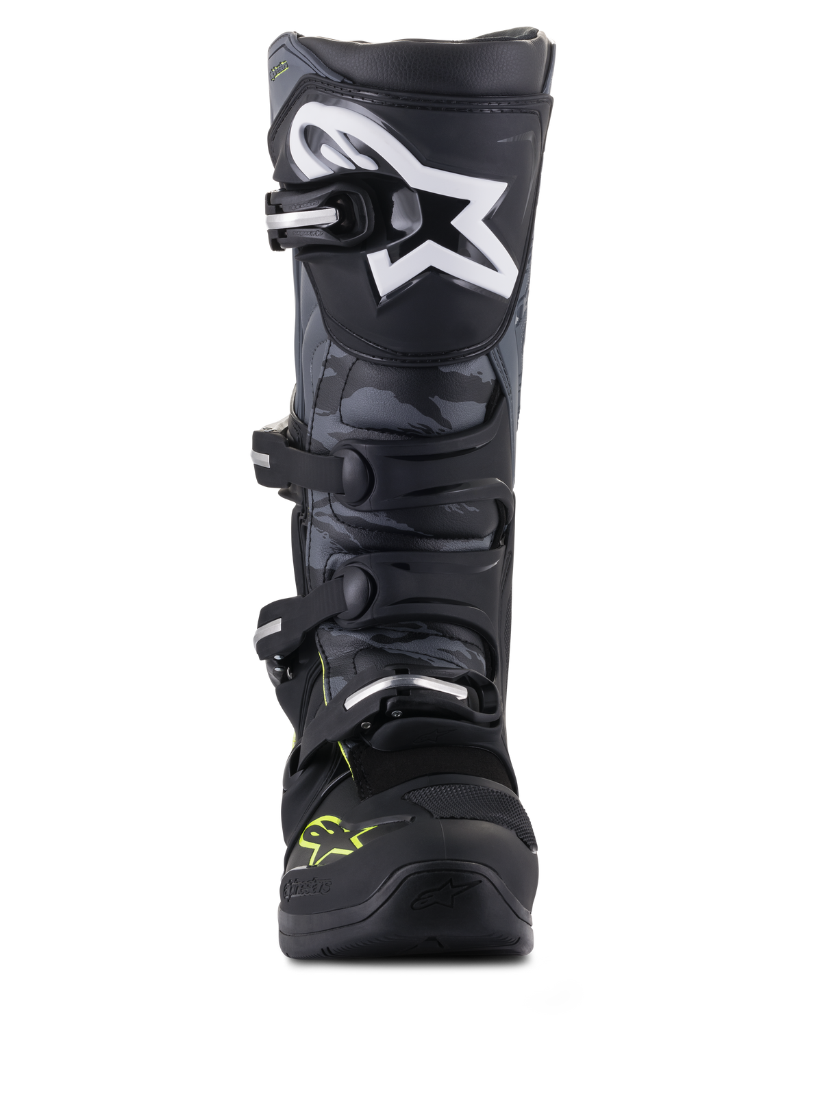 Alpinestars Tech 5, botas de motocross pretas e cinzentas com amarelo fluorescente, painéis camuflados e vista frontal.