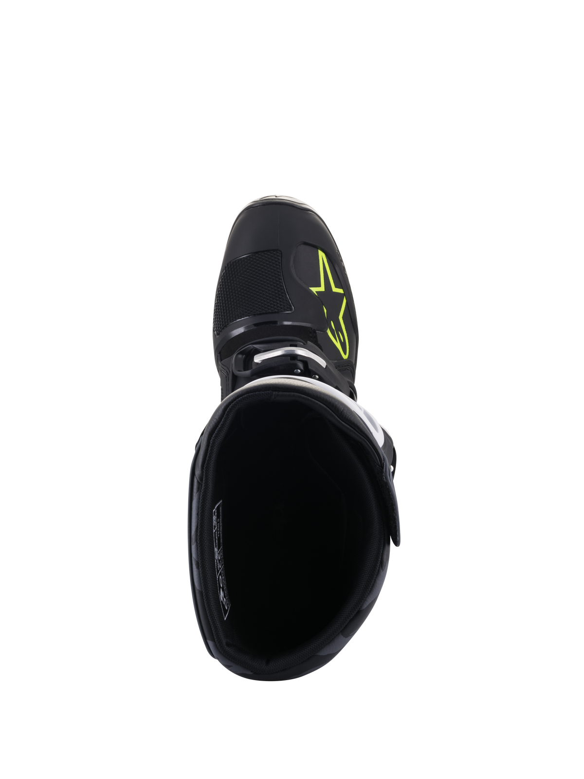 Botas Alpinestars Tech 5, vista superior, pretas com logótipo Amarelo Fluo na biqueira, mostrando o forro interior e o fecho de fivela, calçado de alta performance para motocross e todo-o-terreno
