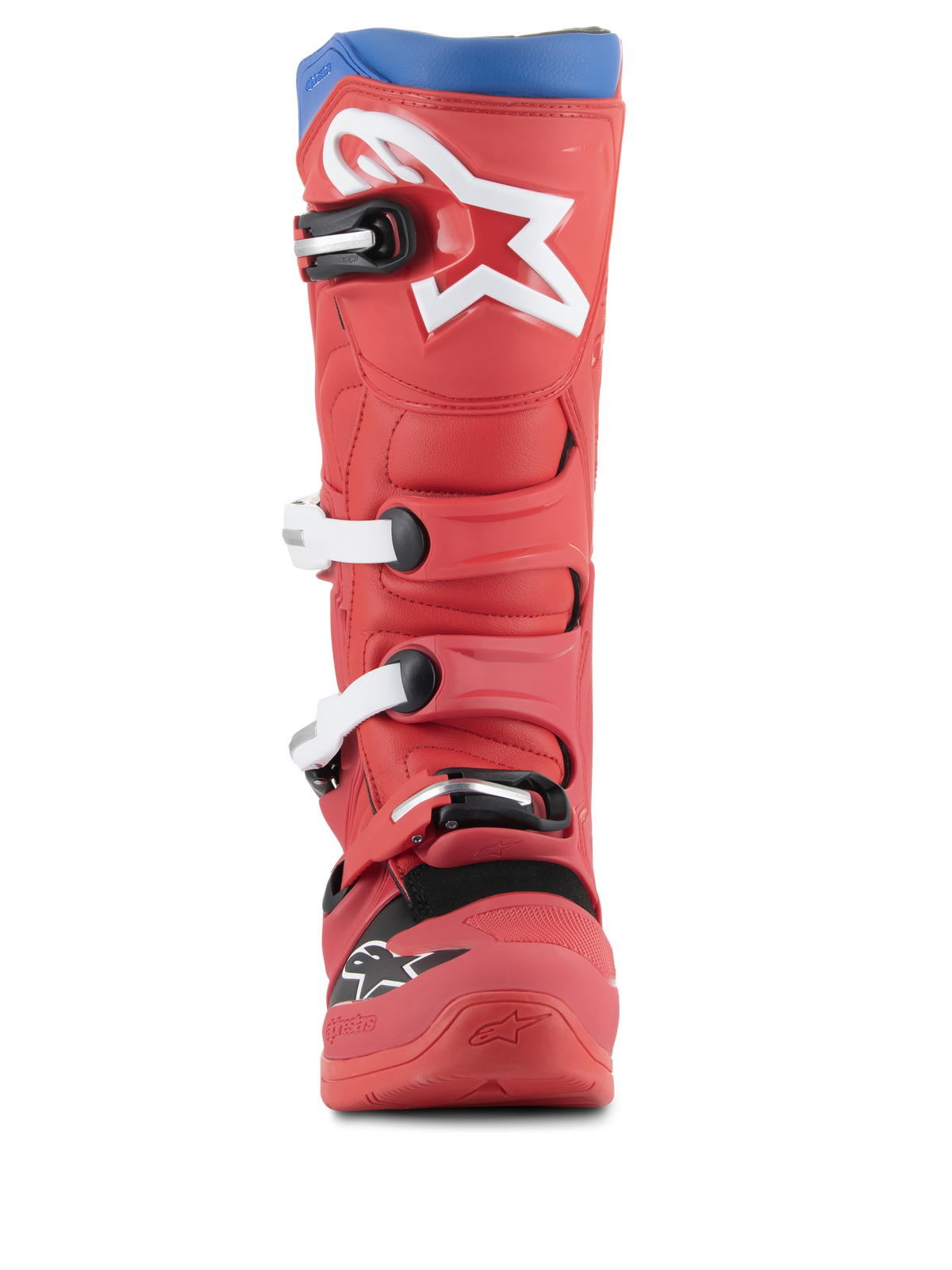 Botas Alpinestars Tech 5, botas de motocross, vermelho brilhante e azul alpino, vista frontal com um grande logótipo de estrela branco na canela, sistema de fecho de várias fivelas e design robusto em microfibra para performance em todo-o-terreno