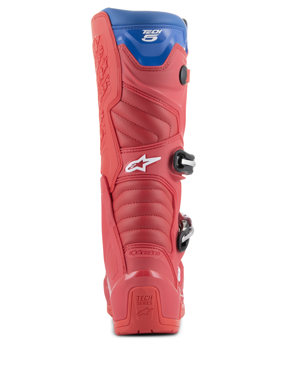 Botas Alpinestars Tech 5, botas de motocross, em vermelho brilhante, vermelho escuro e azul alpino, vista traseira mostrando o calcanhar, zonas de flexão em acordeão e polaina superior azul, com fivelas e logótipos visíveis