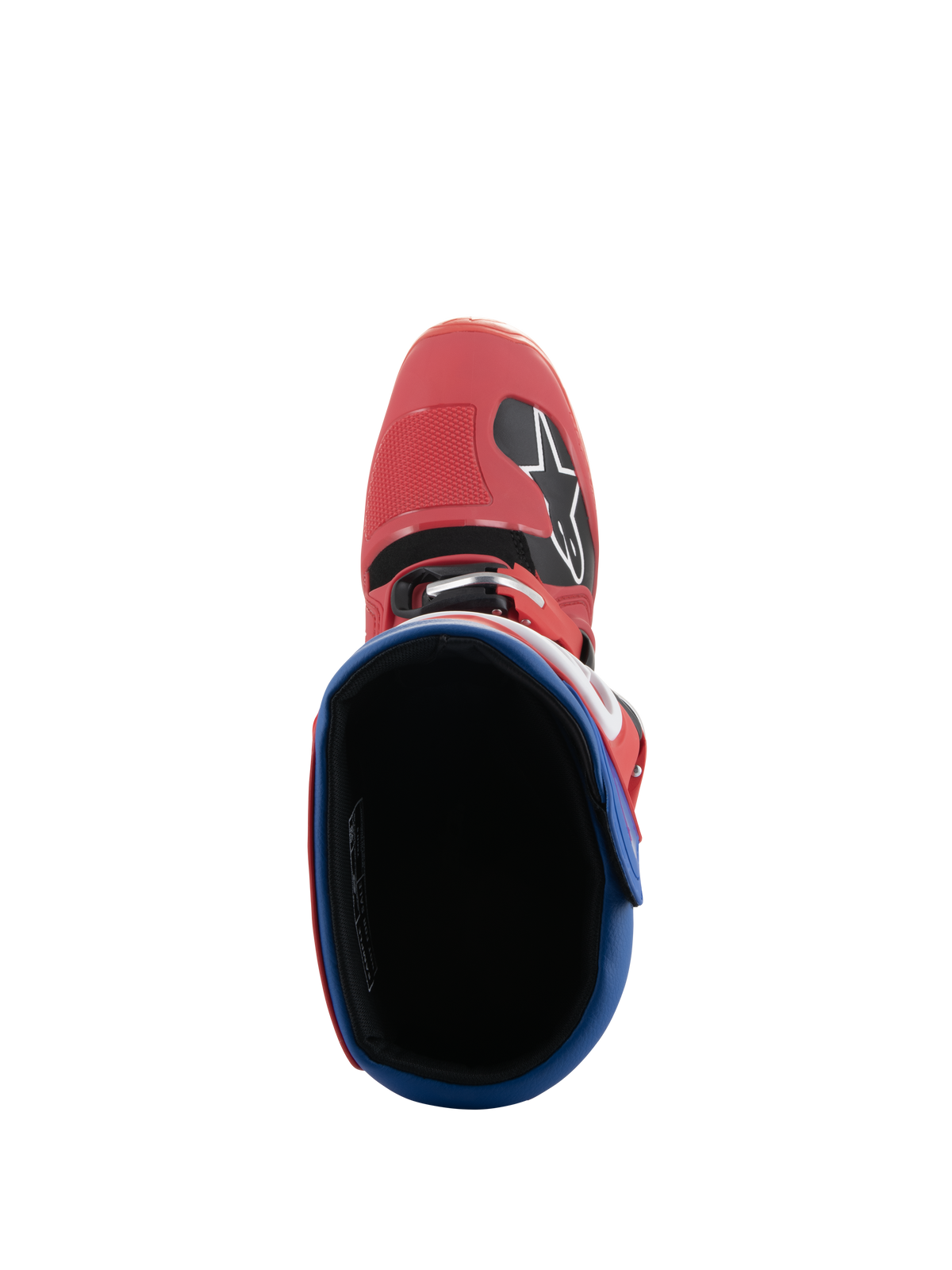 Botas Alpinestars Tech 5, botas de motocross, vermelho vivo e azul alpino, vista superior olhando para o interior da bota, biqueira em microfibra vermelha com o logótipo Alpinestars, colarinho acolchoado azul, design durável para competição off-road