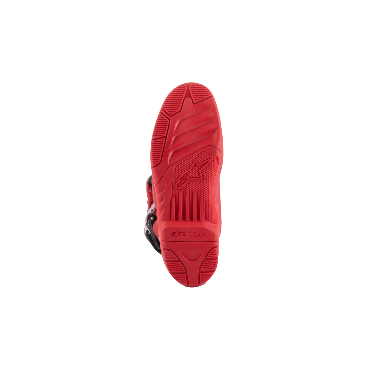 Botas Alpinestars Tech 5, botas de motocross, vista inferior mostrando a sola Vermelho Brilhante, padrão de rasto de composto duplo texturado com logótipo Alpinestars em relevo, concebidas para performance em todo-o-terreno