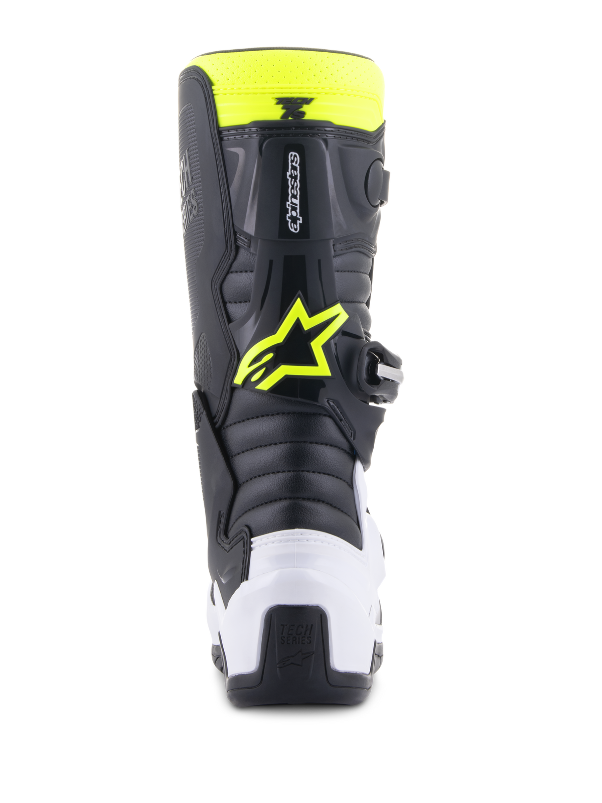 Alpinestars Youth Tech 7S Boots, Motocross Boots, Black, White and Yellow Fluo, rear view featuring a white heel protector and neon yellow Alpinestars logo, durable off-road racing footwear for junior riders