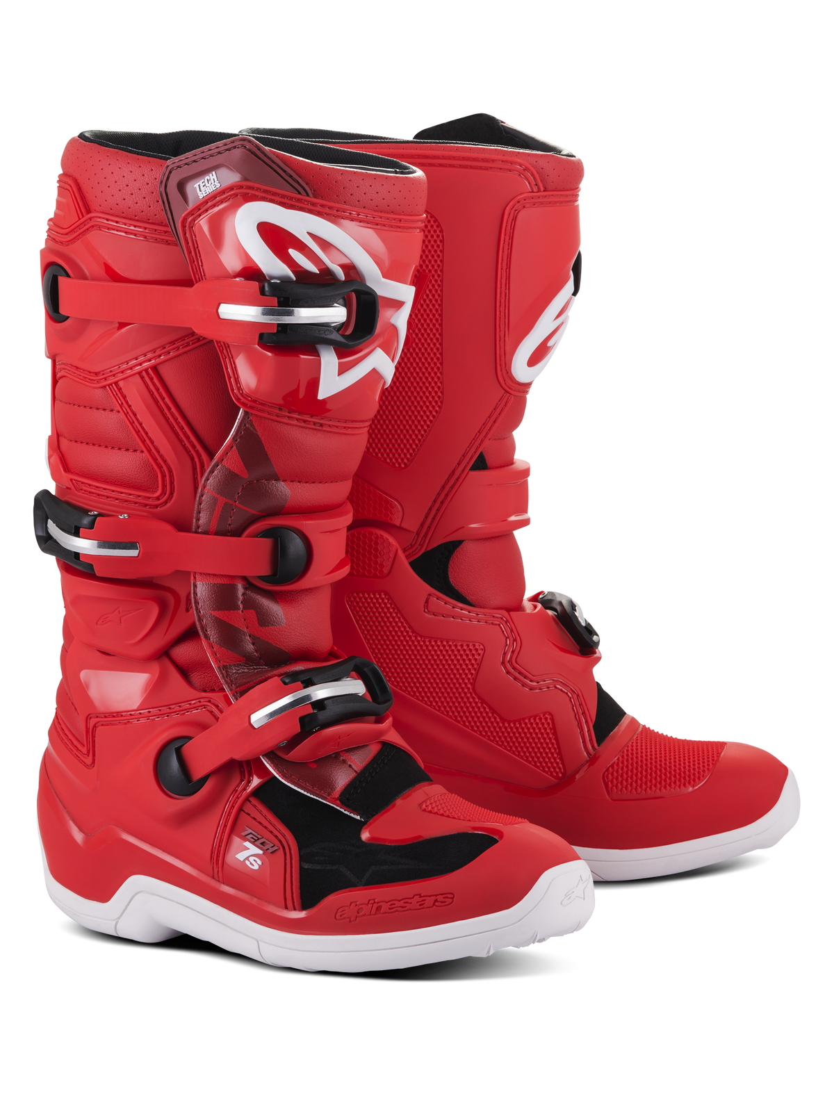 Botas Alpinestars Youth Tech 7S, botas de motocross vermelhas com detalhes em branco e preto, sistema de fecho de tripla fivela, logótipo Alpinestars branco na canela e sola branca durável