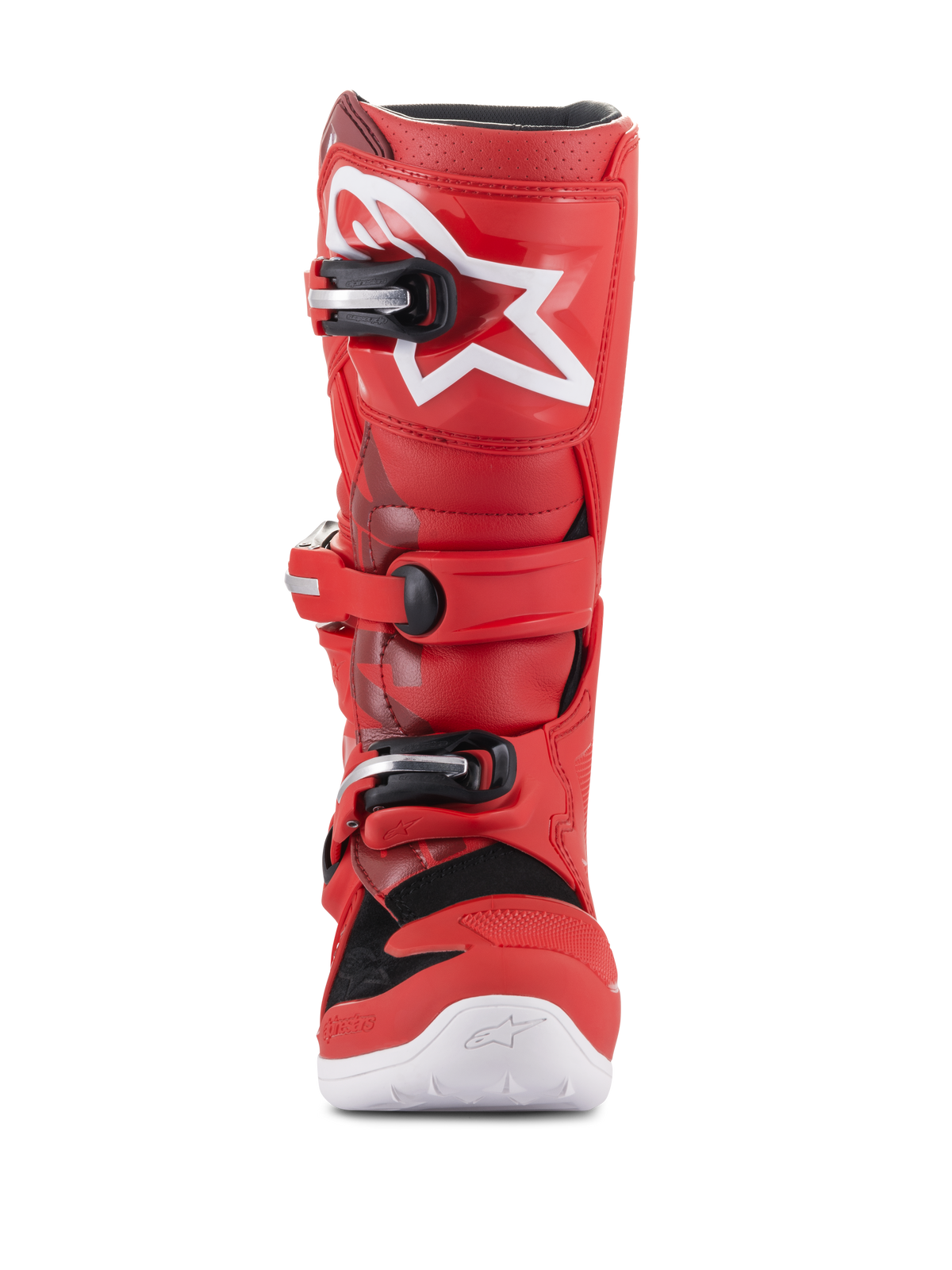 Botas Alpinestars Youth Tech 7S, botas de motocross para jovens, vermelhas, com logótipo de estrela branco na canela, sistema de fivelas pretas e prateadas, sola branca, construção durável para todo-o-terreno, vista frontal