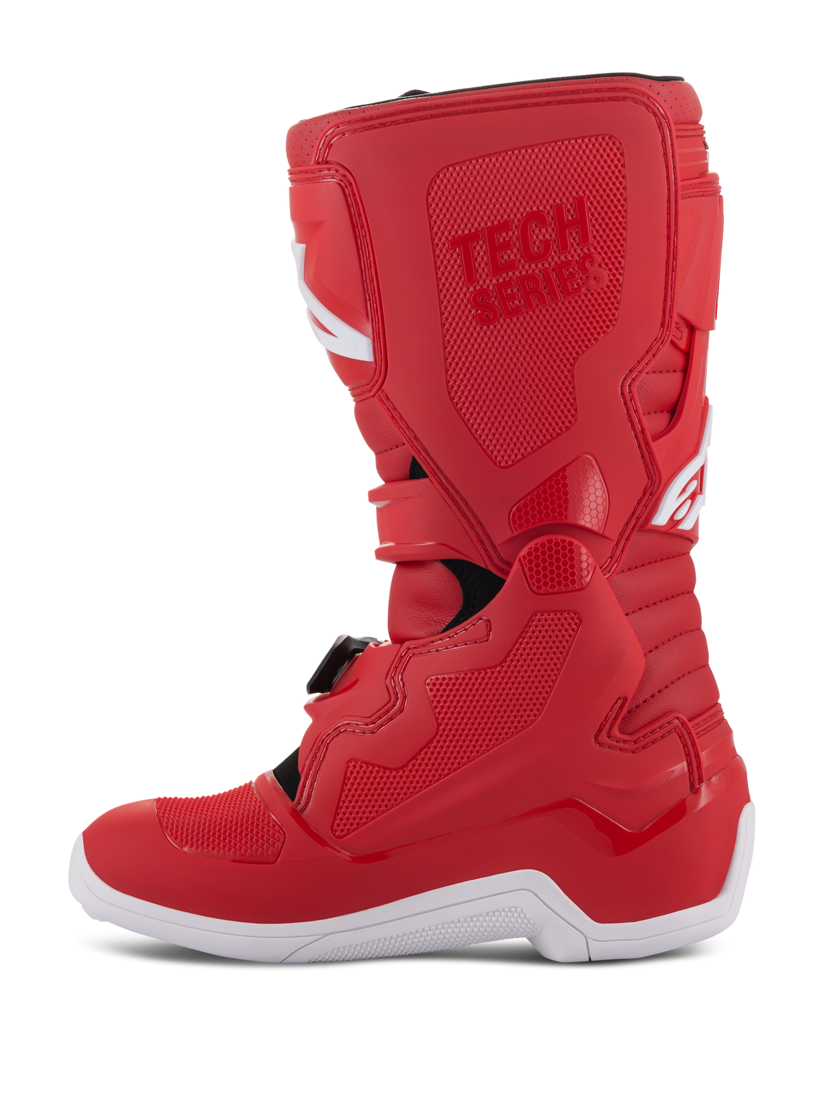 Botas Alpinestars Youth Tech 7S, botas de motocross para jovens, vermelhas, com sola branca, painéis reforçados em TPU, fechos de fivela múltiplos e marcação 'TECH SERIES', concebidas para jovens pilotos de off-road