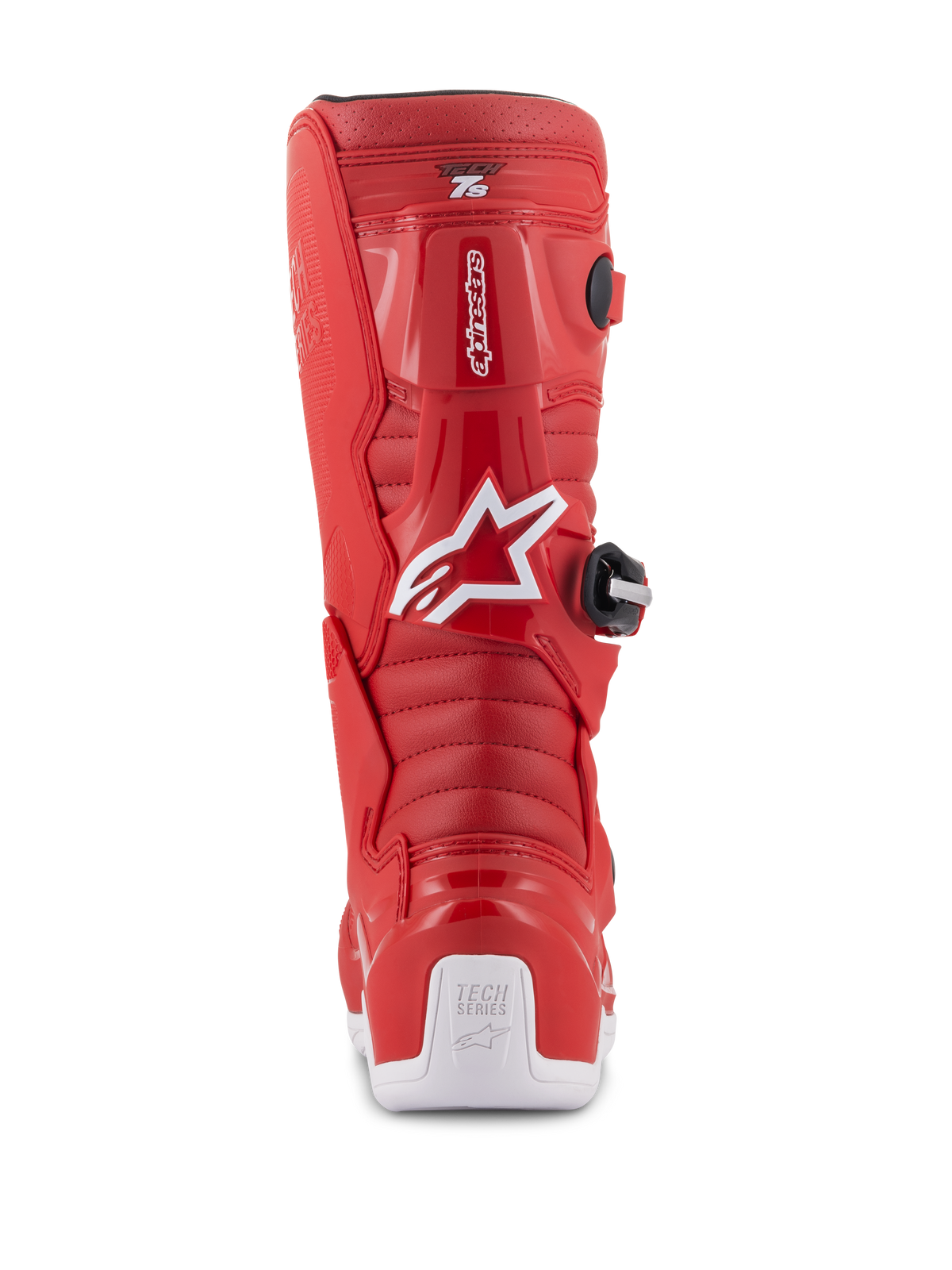 Botas Alpinestars Youth Tech 7S, botas de motocross vermelhas, vista traseira com logótipo Alpinestars branco e protetor de calcanhar, zonas de flexão caneladas, construção protetora em TPU para corridas juvenis de todo-o-terreno