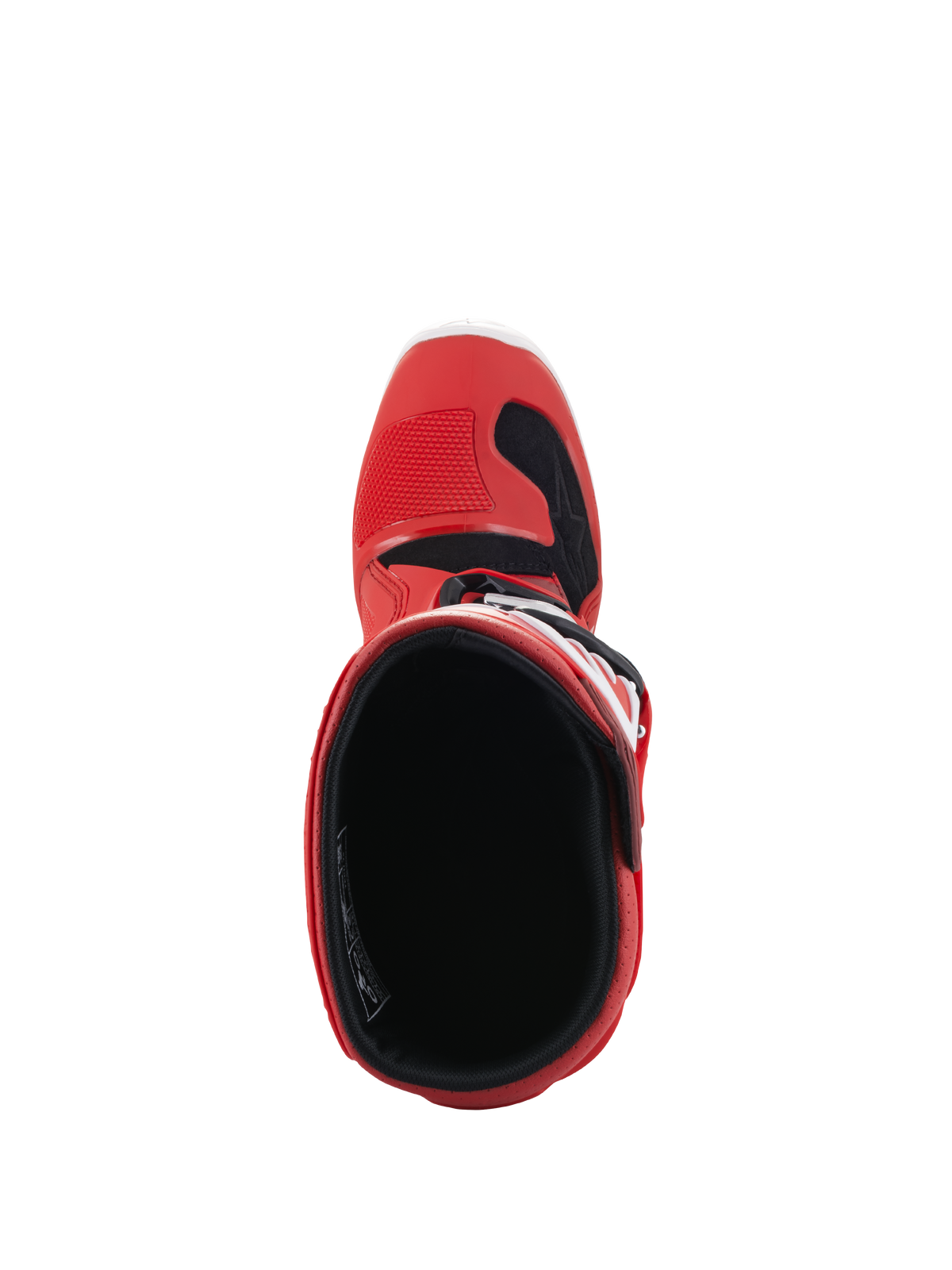 Botas Alpinestars Youth Tech 7S, botas de motocross, vermelhas, vista superior mostrando o forro interior e a abertura, estrutura exterior vermelha com detalhes em preto e branco, concebidas para jovens pilotos de todo-o-terreno