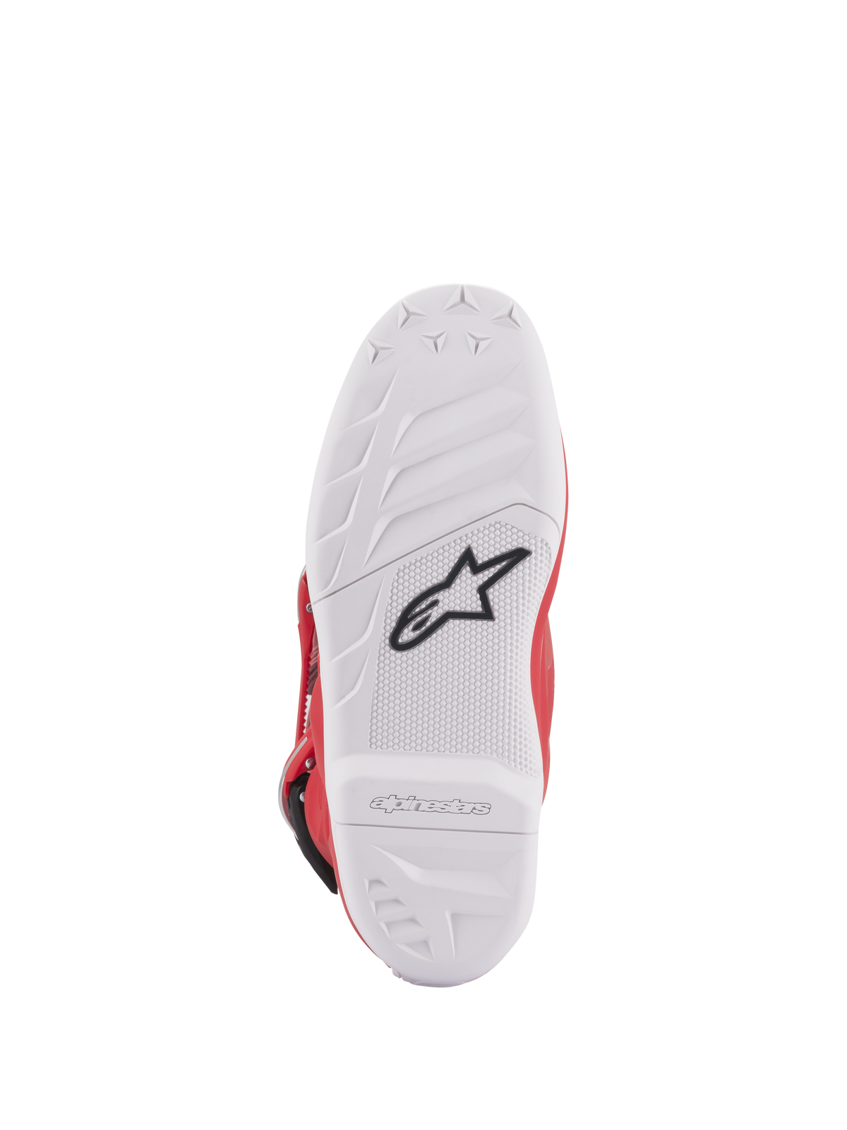 Botas Alpinestars Tech 7S Jovem, vista da sola, sola de composto branco com logótipo de estrela preto, padrão de borracha de alta aderência para durabilidade e sensibilidade superiores, marca Alpinestars em relevo no calcanhar