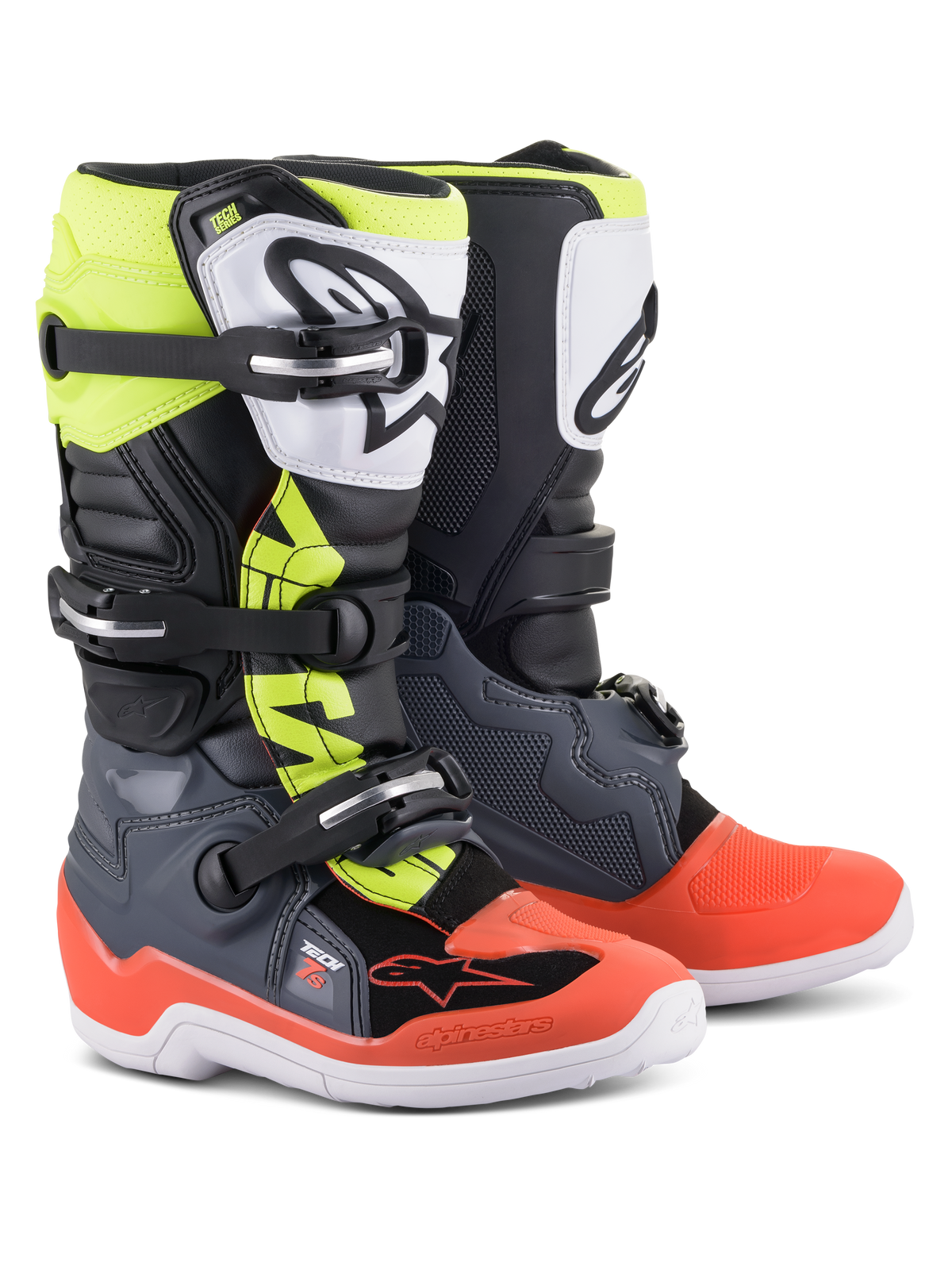 Botas Alpinestars Youth Tech 7S, botas de motocross, cinzento escuro com detalhes em vermelho e amarelo fluorescente, com placa de tíbia em TPU branco com logótipo preto, sistema de fecho de fivela tripla e sola branca durável, concebidas para jovens pilotos de todo-o-terreno