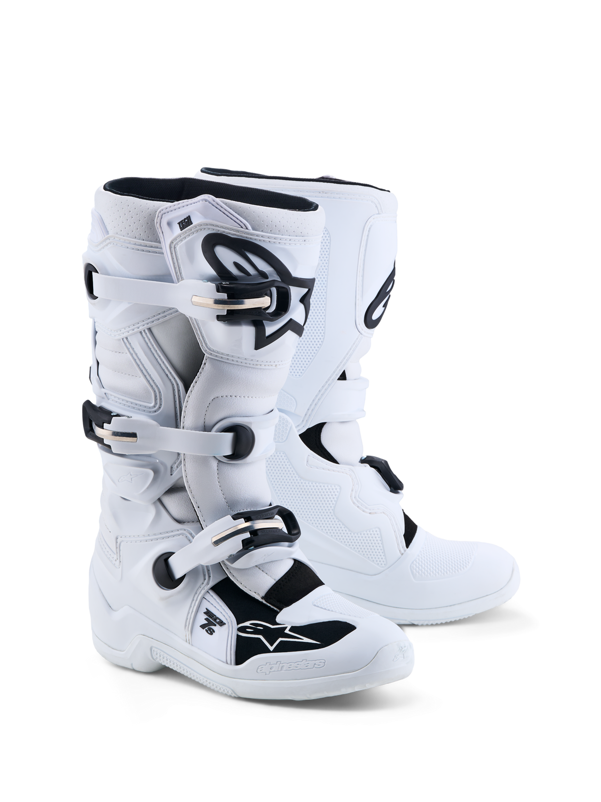 Alpinestars Tech 7S, botas de motocross para juventude, brancas e pretas, com proteção em TPU e certificadas CE.