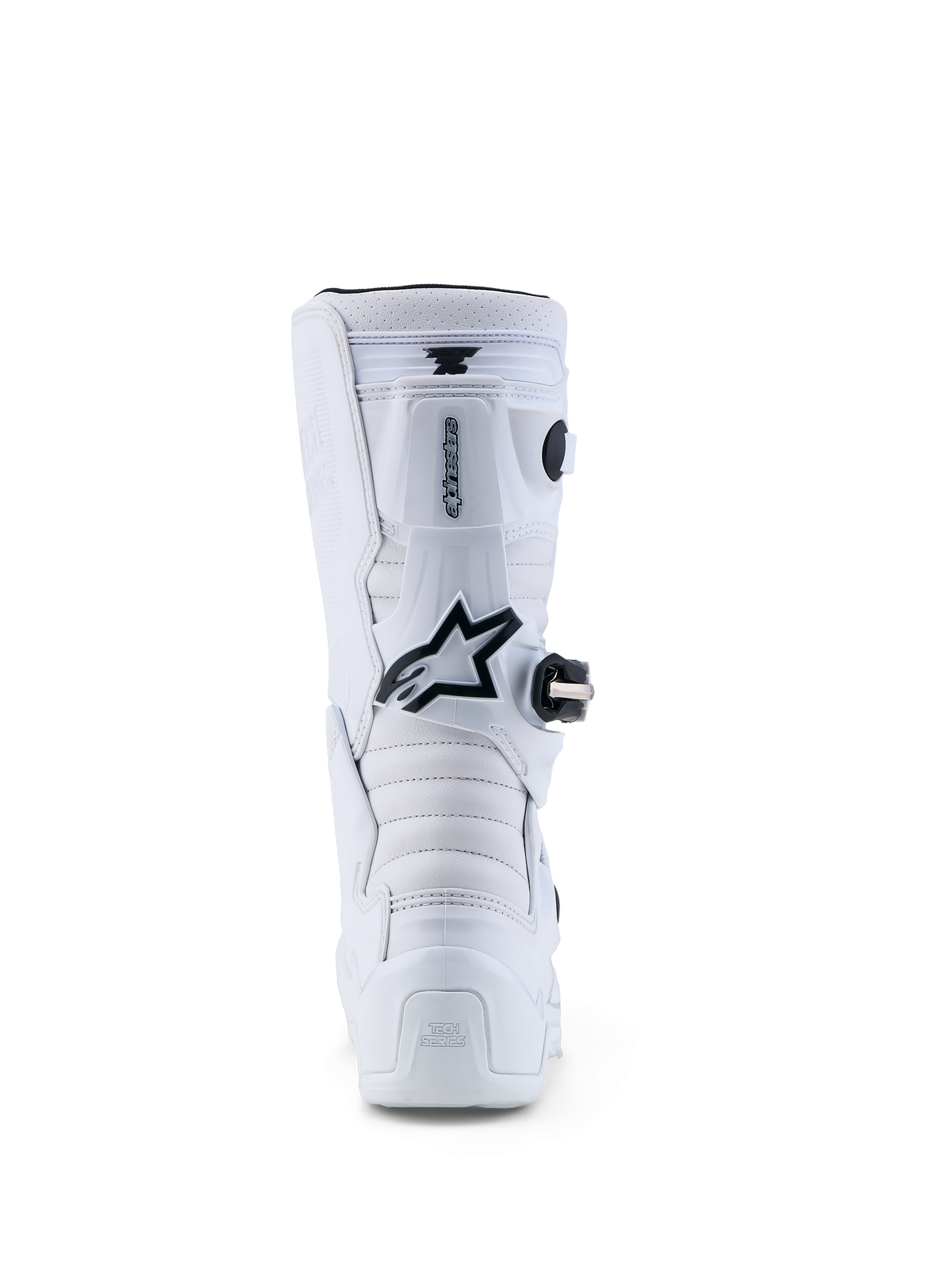 Botas Alpinestars Tech 7S Jovem, botas de motocross para jovens, brancas e pretas, vista traseira com proteção TPU e sistema de pivô, certificadas CE