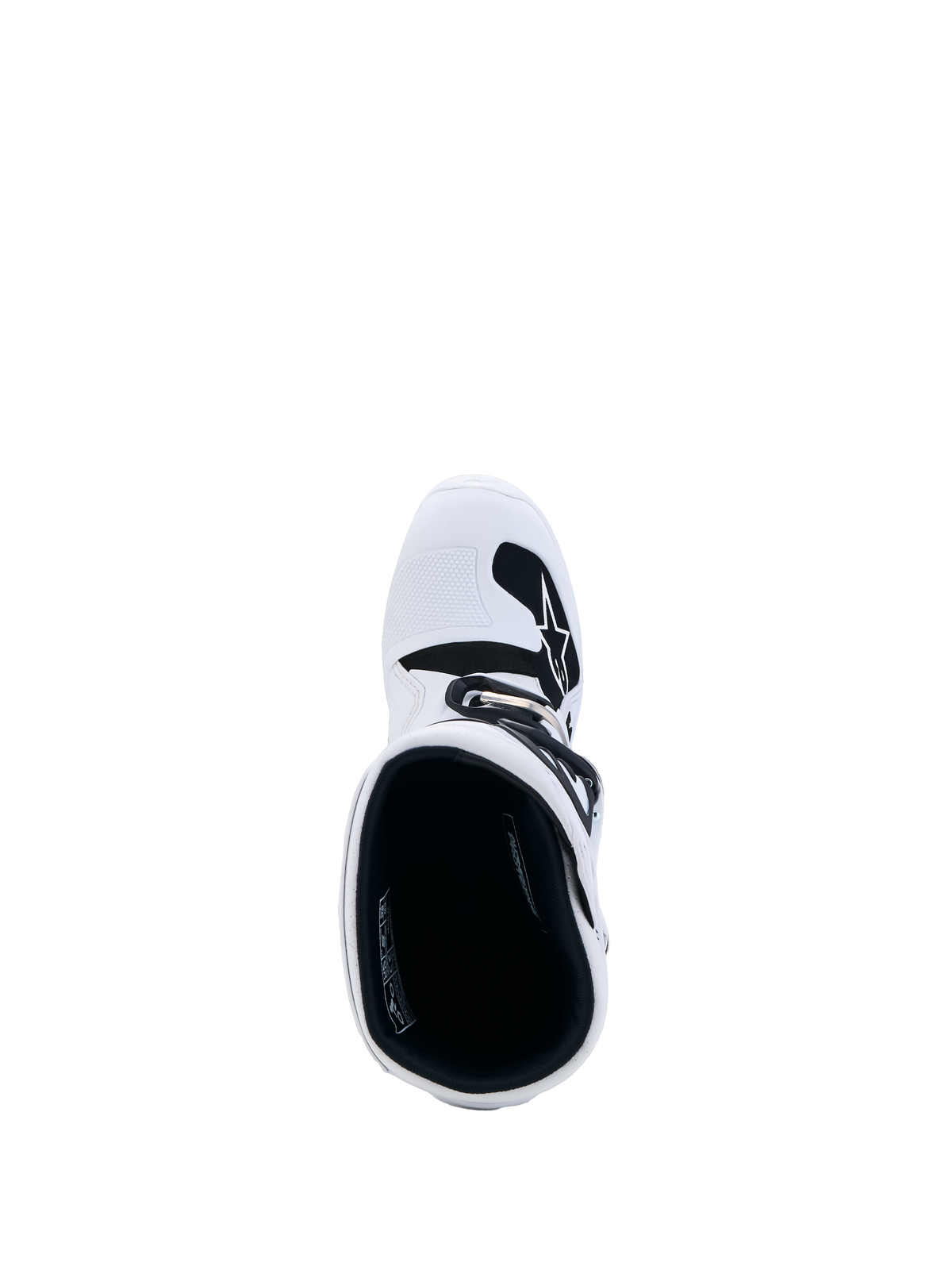 Alpinestars Botas Tech 7S Jovem, botas de motocross brancas e pretas, vista superior com acolchoamento interior.