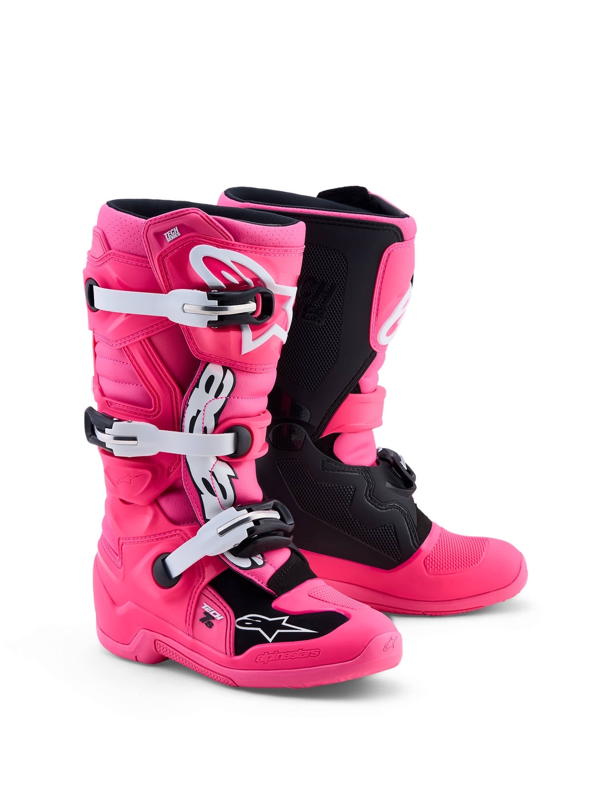 Alpinestars Tech 7S Jovem, botas de moto para todo-o-terreno, rosa e pretas, com proteção TPU e certificadas CE.