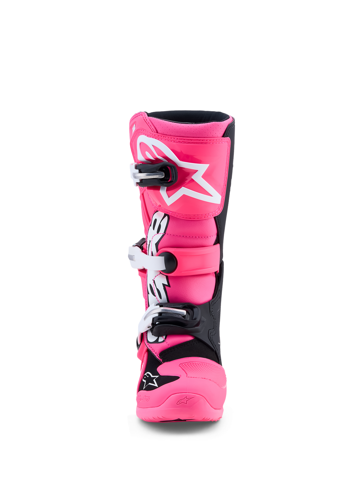 Alpinestars Botas Tech 7S Jovem, botas de motocross rosa fluo e pretas, com proteção de canela em TPU e fivelas rápidas.