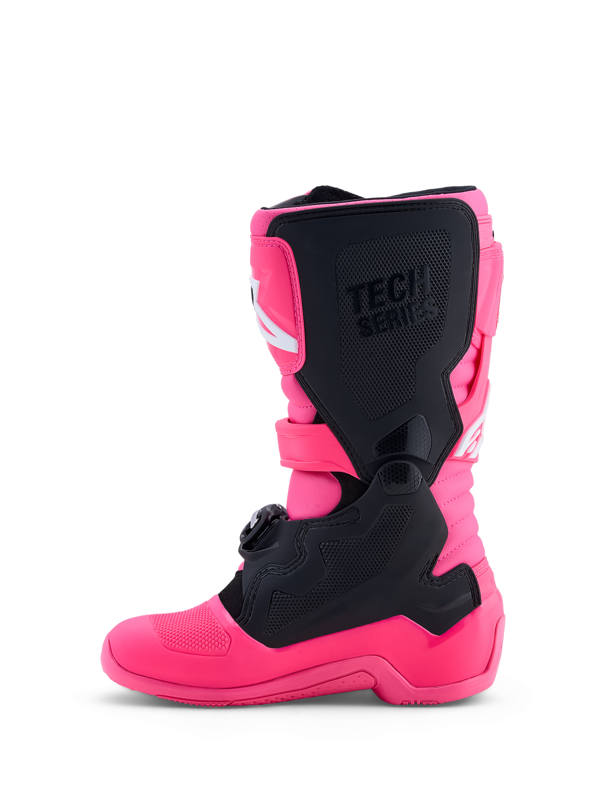 Alpinestars botas Tech 7S Jovem, botas de motocross para juventude, rosa fluo e pretas, proteção TPU e ajuste júnior.