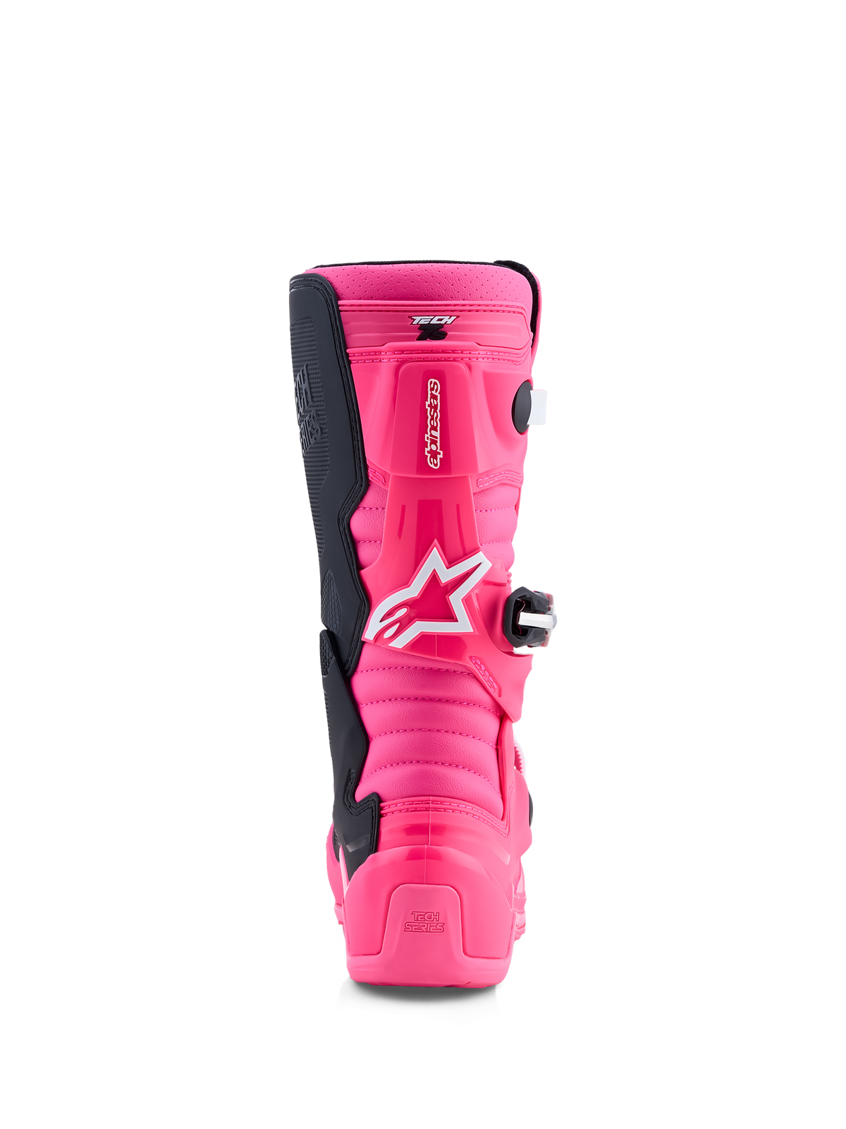 Alpinestars Tech 7S Jovem, botas de motocross rosa fluo e pretas, vista traseira com proteção em TPU e sistema de pivô.