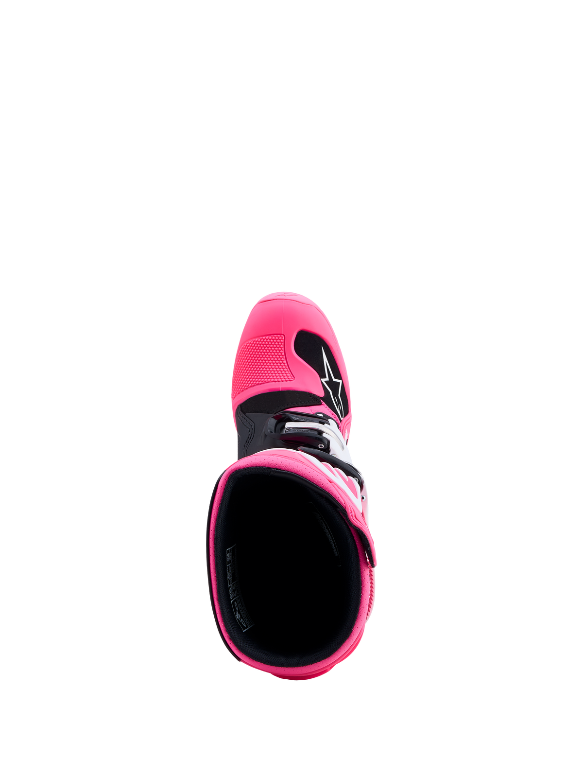 Alpinestars Tech 7S Jovem, botas de motocross rosa fluo e pretas para jovens, vista superior do interior e proteção em TPU
