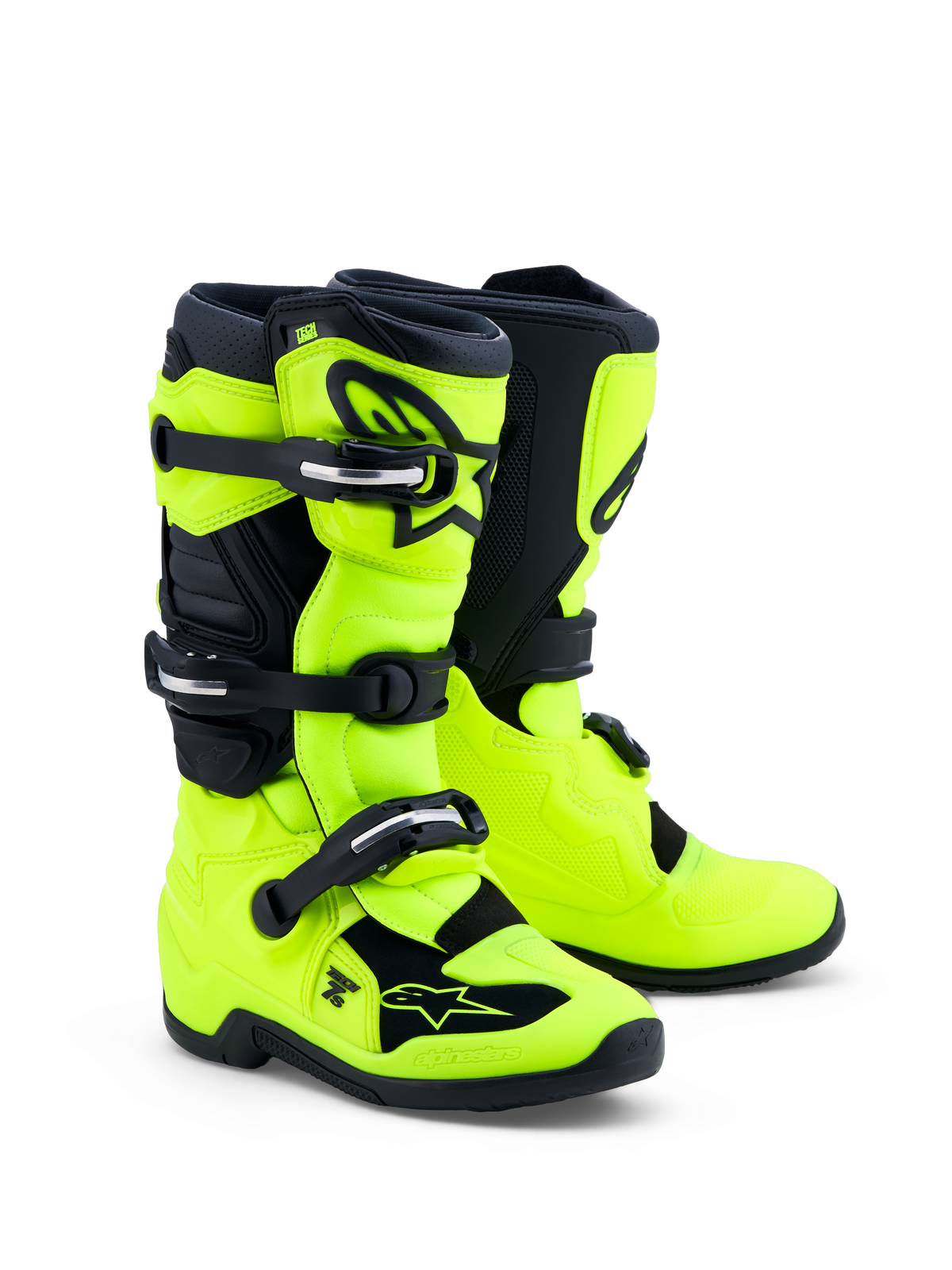 Alpinestars Botas Tech 7S Jovem, botas de moto amarelas fluo e pretas com proteção TPU e sistema de pivô para juniores.