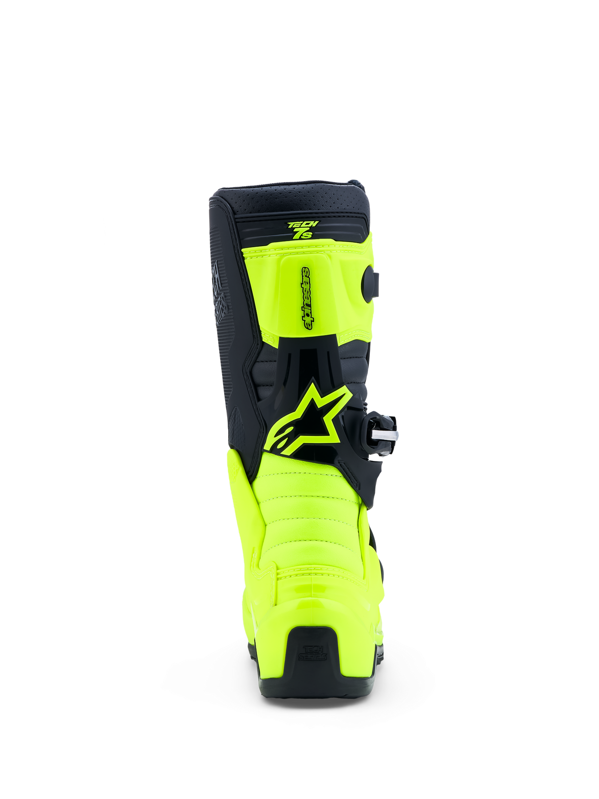 Alpinestars Botas Tech 7S Jovem, botas de motocross em amarelo fluo e preto, vista traseira com painéis TPU e logótipo Astars