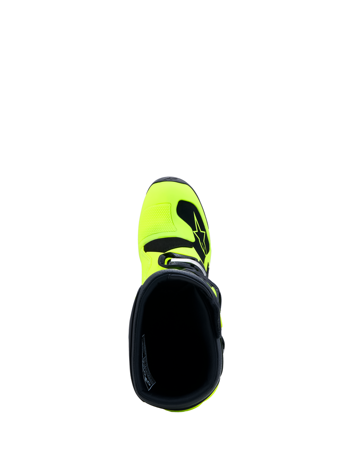 Alpinestars Tech 7S Jovem, botas de motocross, amarelas fluorescentes e pretas, vista superior do colarinho interno.