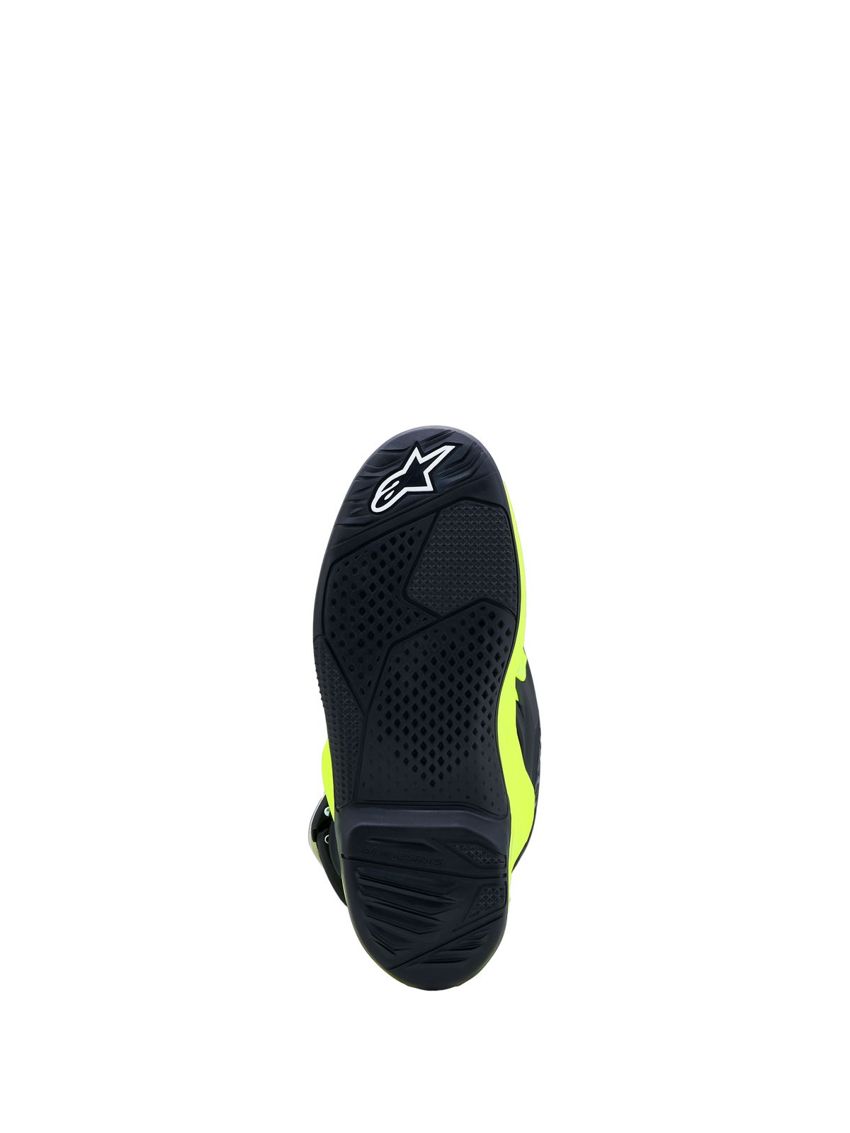 Alpinestars Tech 7S Jovem, sola de bota de motocross em preto e amarelo fluo com borracha de alta aderência.