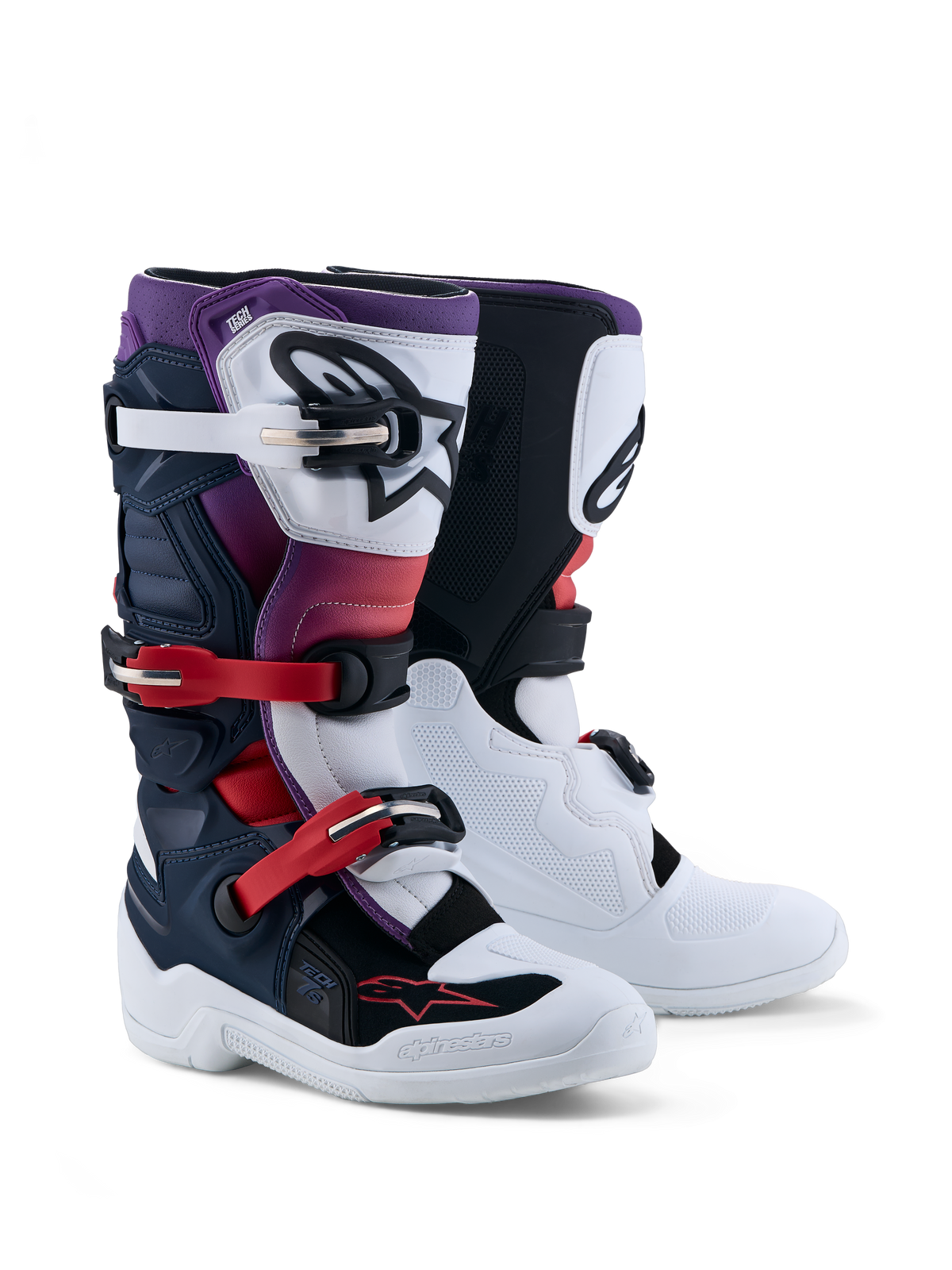 Alpinestars Tech 7S Jovem, botas de motocross, azul escuro, brancas e pretas, proteção TPU e certificação CE