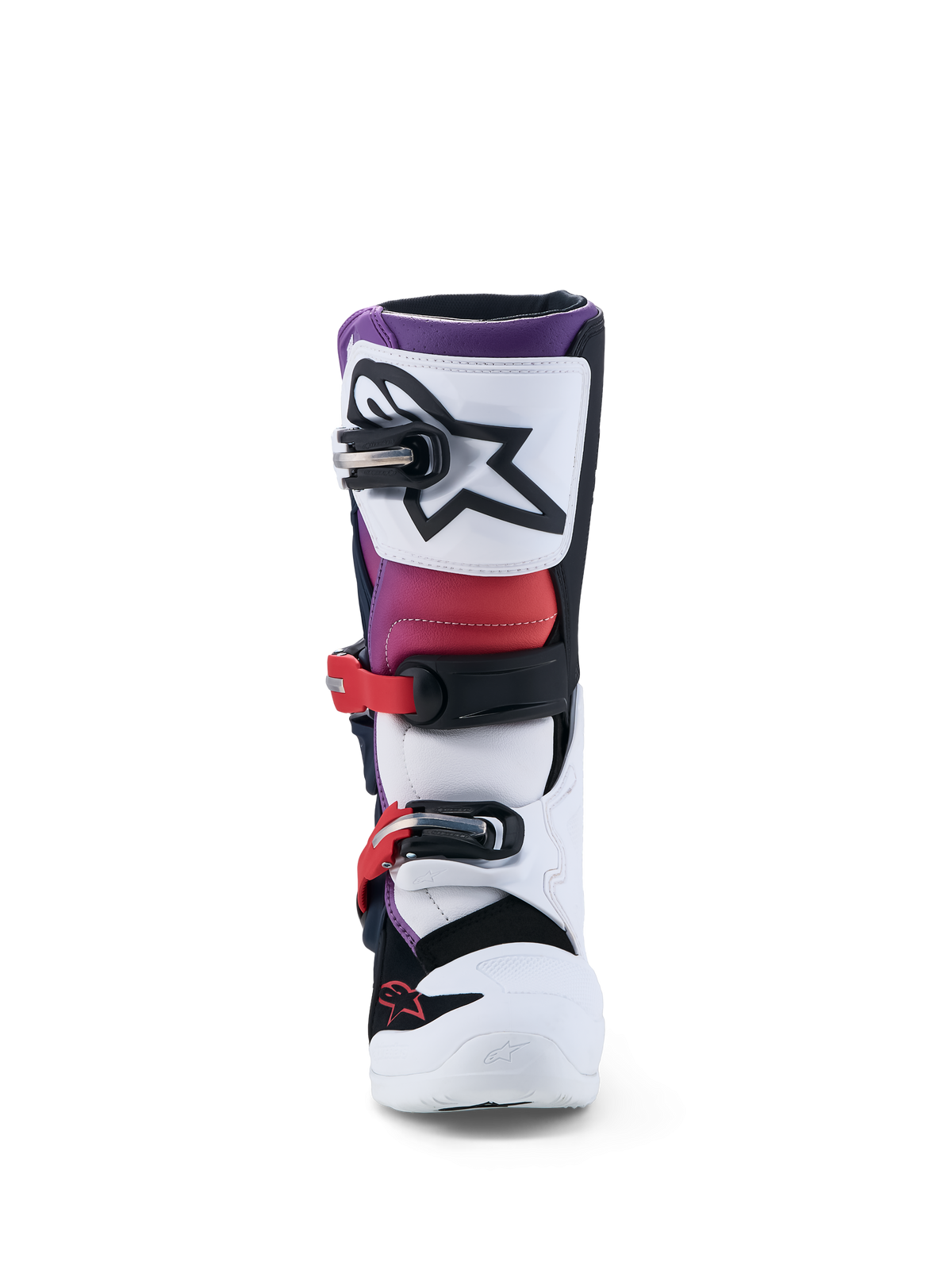 Alpinestars Tech 7S Jovem, botas de moto para motocross, brancas e roxas, com proteção em TPU e sistema de fivelas seguro.