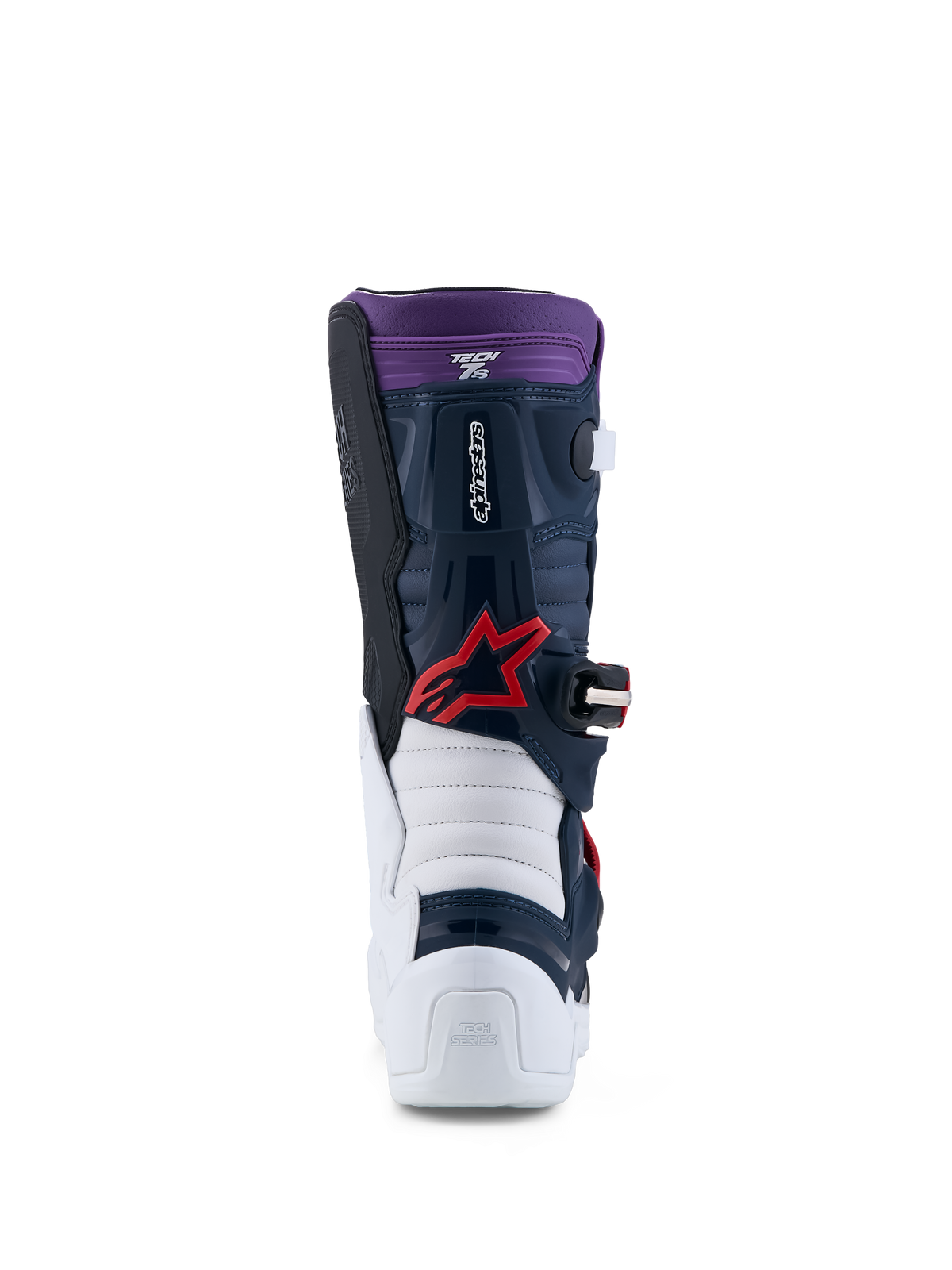 Alpinestars Botas Tech 7S Jovem, botas de motocross, azul escuro, branco e vermelho, certificadas CE, vista traseira.