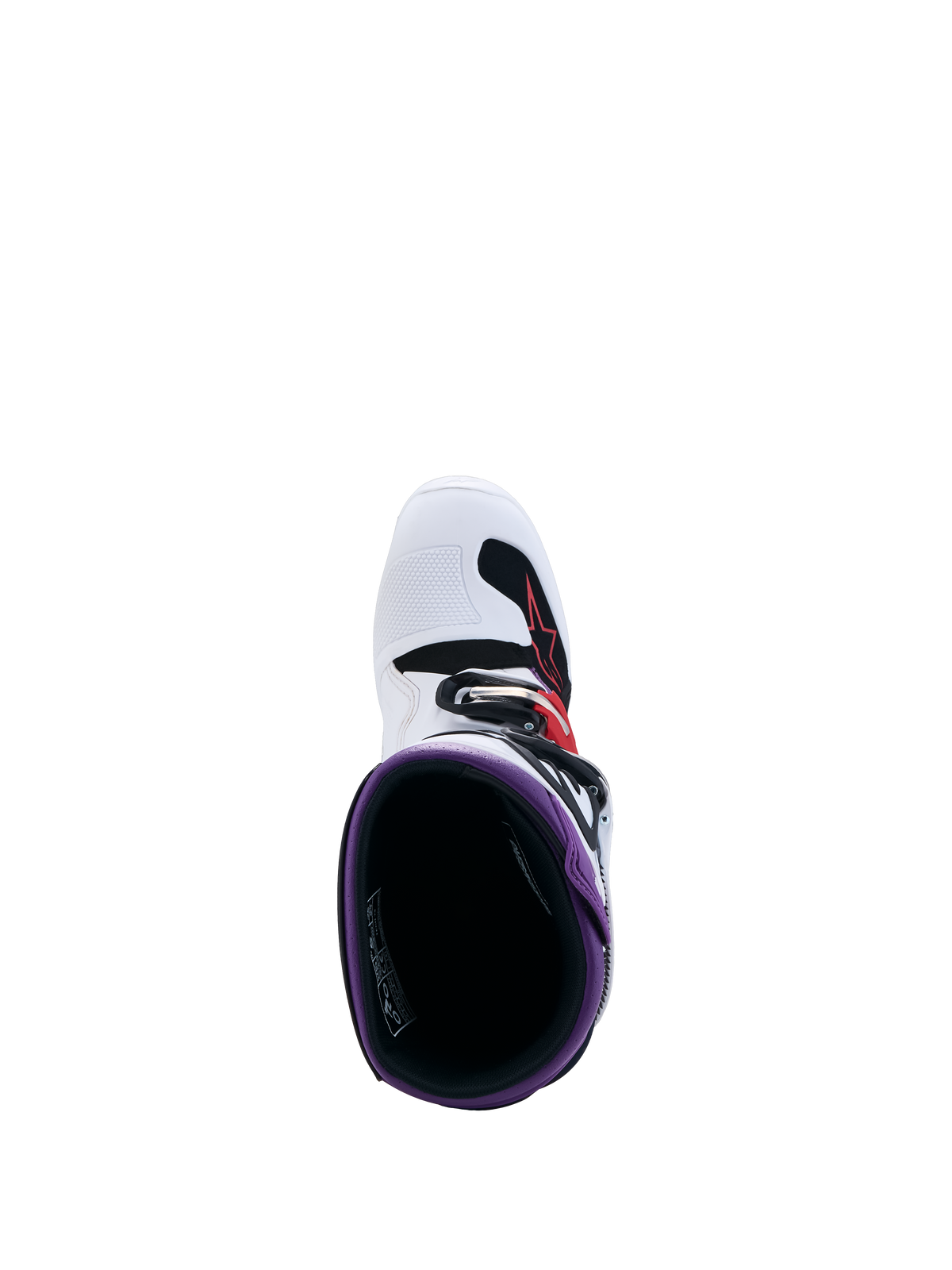 Alpinestars Tech 7S Jovem, botas de motocross para jovens, brancas e azuis, vista interior superior.