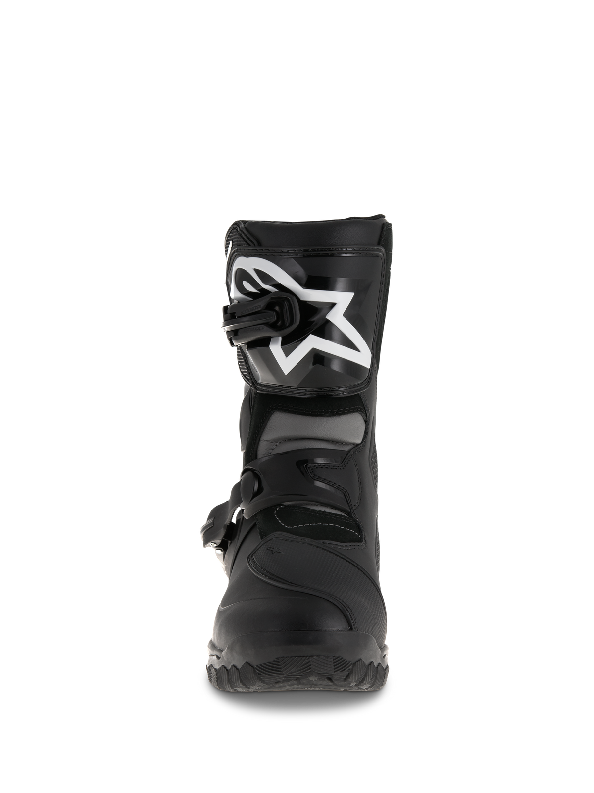 Botas Alpinestars Belize Drystar®, botas de motociclismo Adventure Touring, pretas, vista frontal com caneleira em TPU e logótipo branco grande, sistema de fecho de fivela dupla e sola vulcanizada robusta