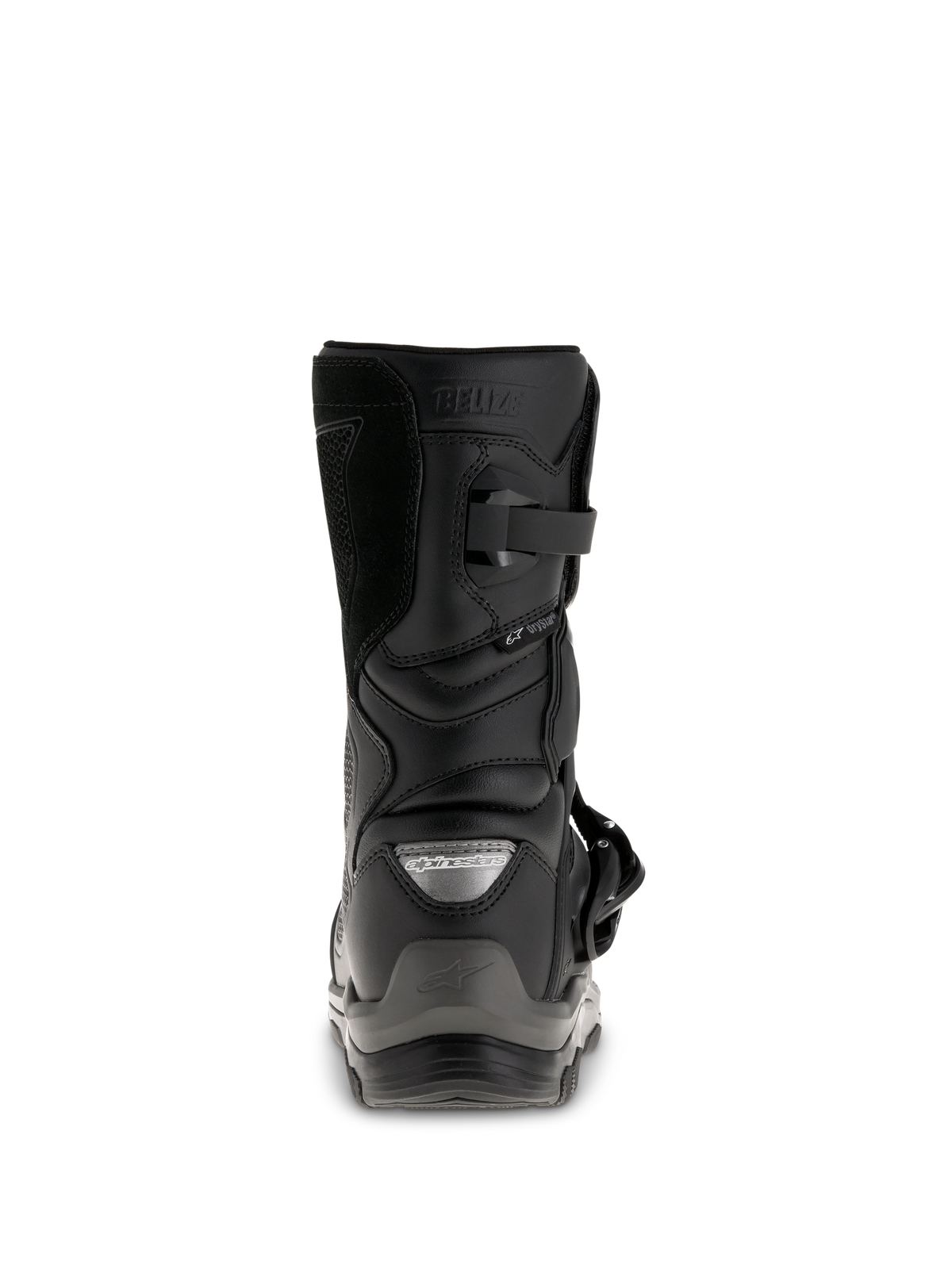 Botas Alpinestars Belize Drystar®, botas de motociclismo adventure touring pretas, vista traseira mostrando a proteção do calcanhar, fecho de fivela e a marca Drystar® impermeável.
