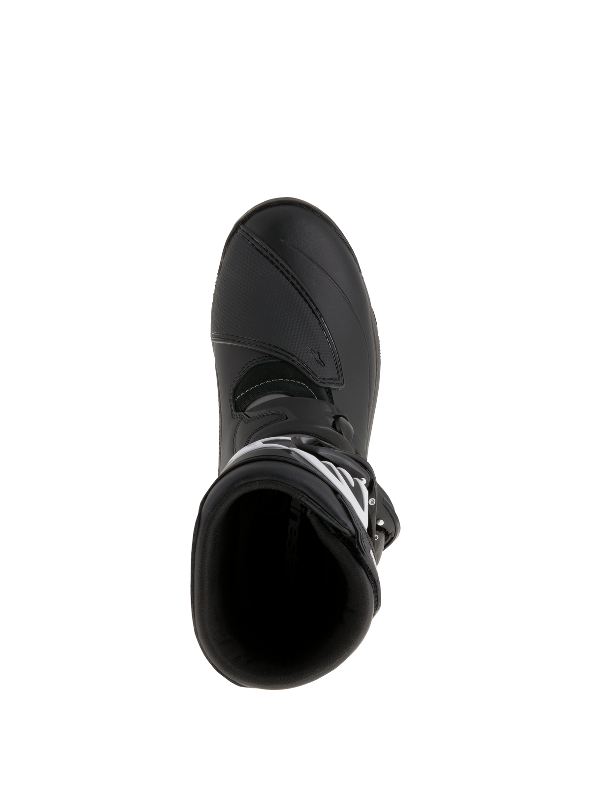 Botas Alpinestars Belize Drystar®, botas de motociclismo para turismo de aventura, pretas, vista superior que mostra a abertura de entrada e a proteção de mudanças reforçada, construção em couro impermeável e microfibra