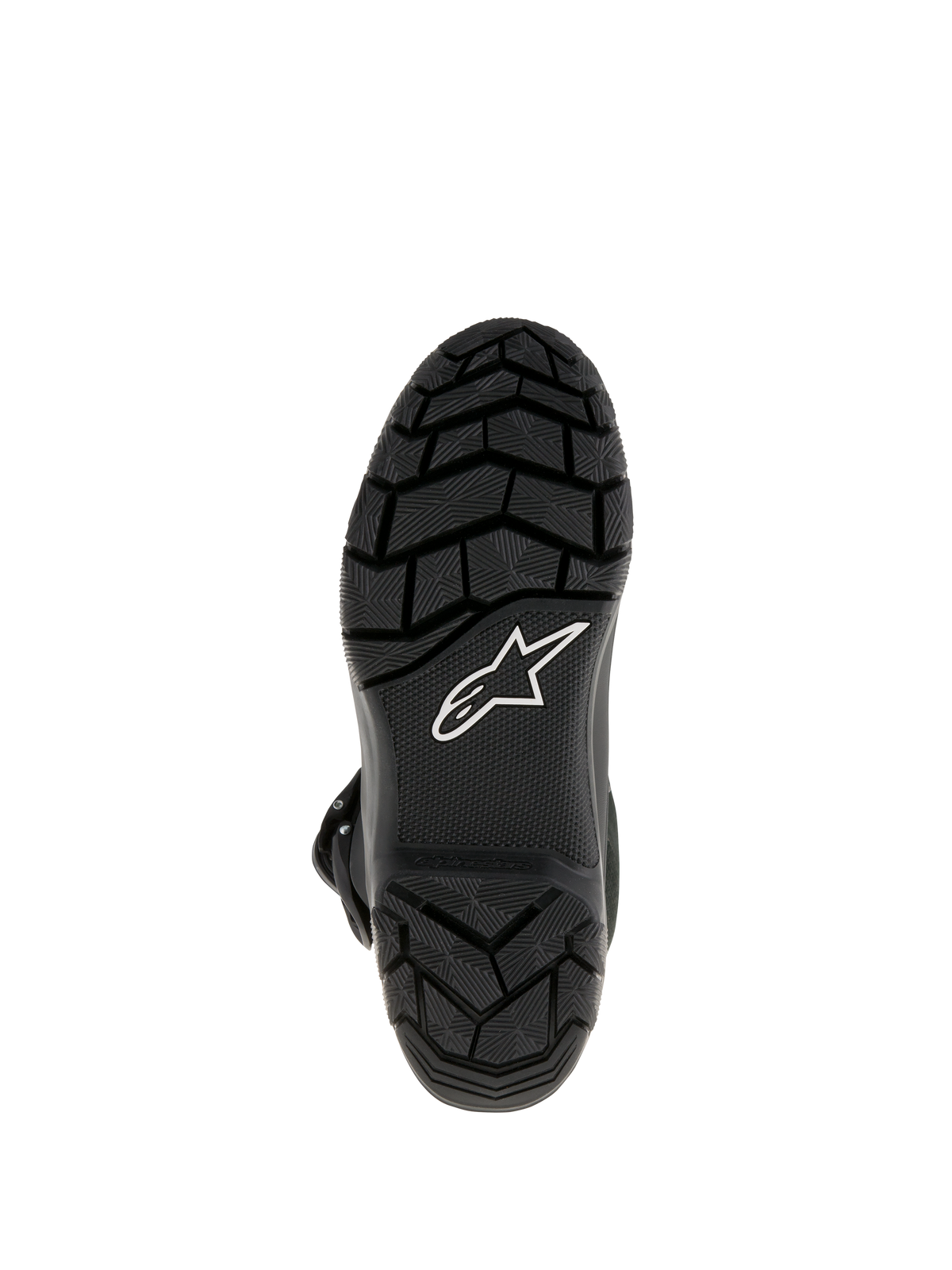 Botas Alpinestars Belize Drystar®, botas de motociclismo adventure touring, vista inferior que mostra a sola de borracha vulcanizada preta com padrão de rasto para uma aderência superior e o logótipo de estrela da Alpinestars em branco