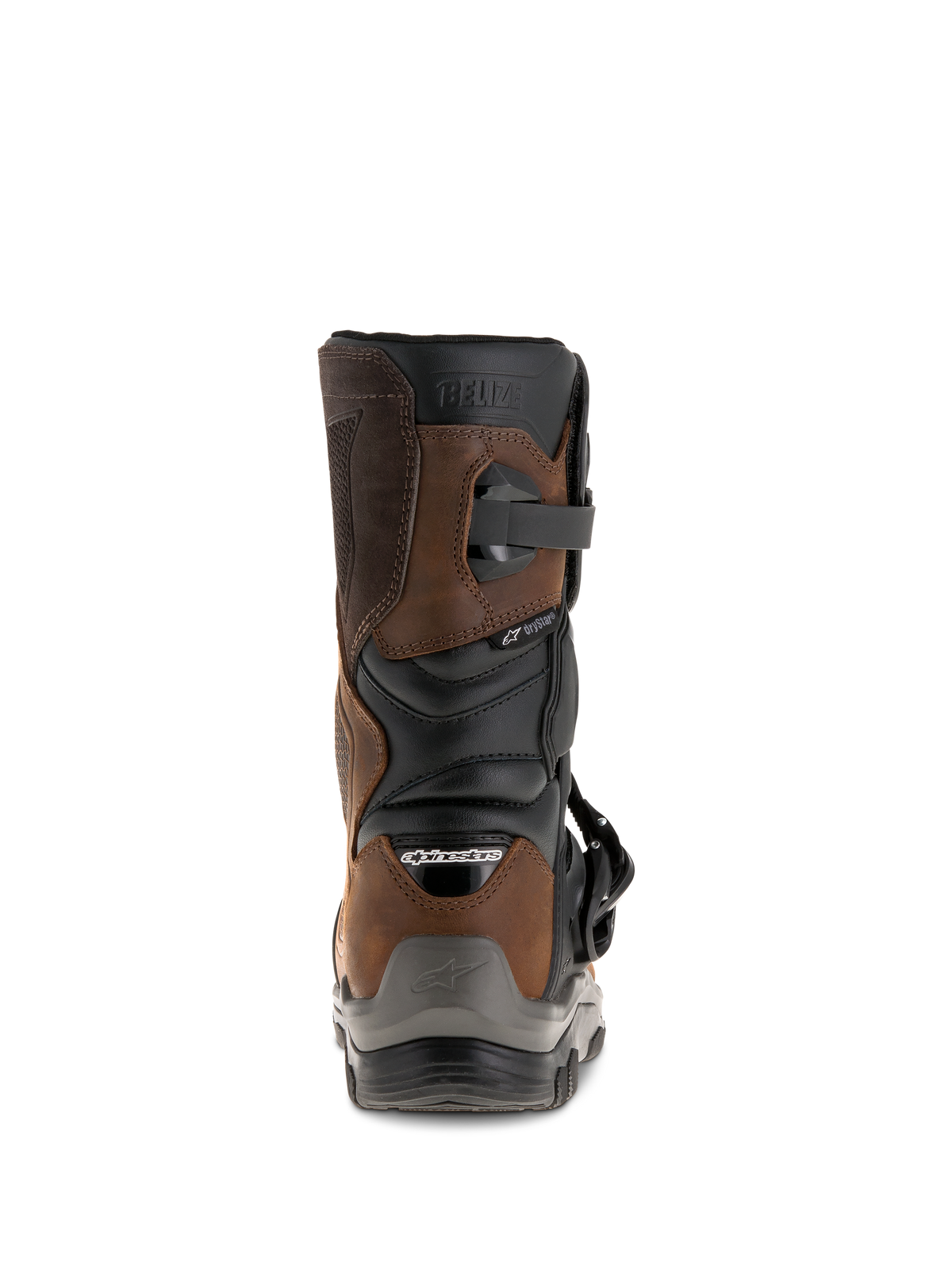 Botas Alpinestars Belize Drystar®, vista traseira, castanho oleado e preto, botas de motociclismo de aventura e turismo impermeáveis com design de cano curto, logótipo 'BELIZE' em relevo e protetor de calcanhar robusto.