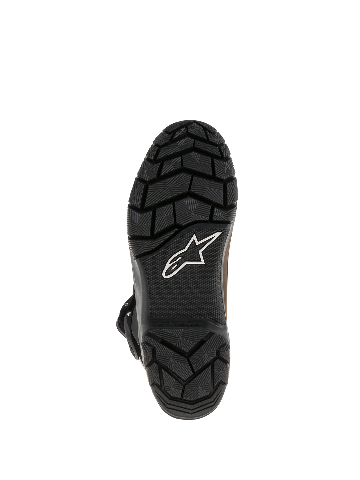 Botas Alpinestars Belize Drystar®, sola exterior em borracha vulcanizada preta com padrão de rasto de textura robusta, apresentando o logótipo de estrela branco da Alpinestars, design de aderência durável para turismo de aventura