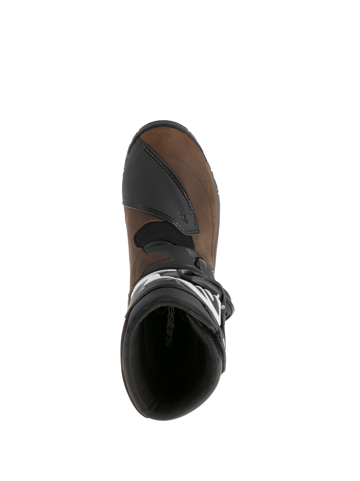Botas Alpinestars Belize Drystar®, castanho oleado e preto, vista de cima mostrando o forro interior e a proteção de mudanças texturizada, botas de motociclismo de turismo de aventura em pele