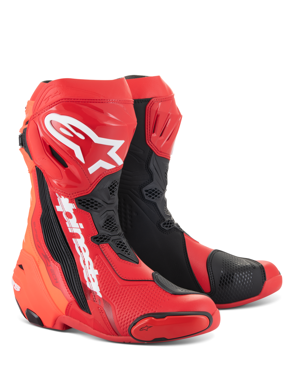 Botas Alpinestars Supertech R, botas de corrida de motociclismo, vermelho brilhante e vermelho fluo com detalhes em preto e branco, com logótipos brancos Alpinestars na canela, placas de proteção reforçadas e sliders de dedo substituíveis, calçado de alta performance para desporto e corrida