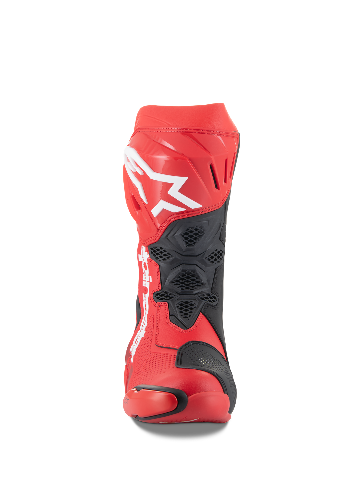 Botas Alpinestars Supertech R, Vermelho Brilhante e Vermelho Fluo, vista frontal com um grande logótipo Astars branco na caneleira, painéis de ventilação em malha preta e um design técnico de competição para performance em pista de motociclismo