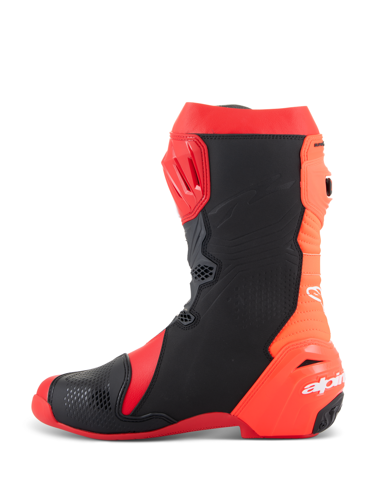 Botas Alpinestars Supertech R, botas de corrida de motociclismo profissionais, Vermelho Vivo e Vermelho Fluo com painéis pretos, vista lateral de perfil mostrando a placa de canela em TPU, design de acordeão traseiro flexível e logótipo Alpinestars branco no calcanhar