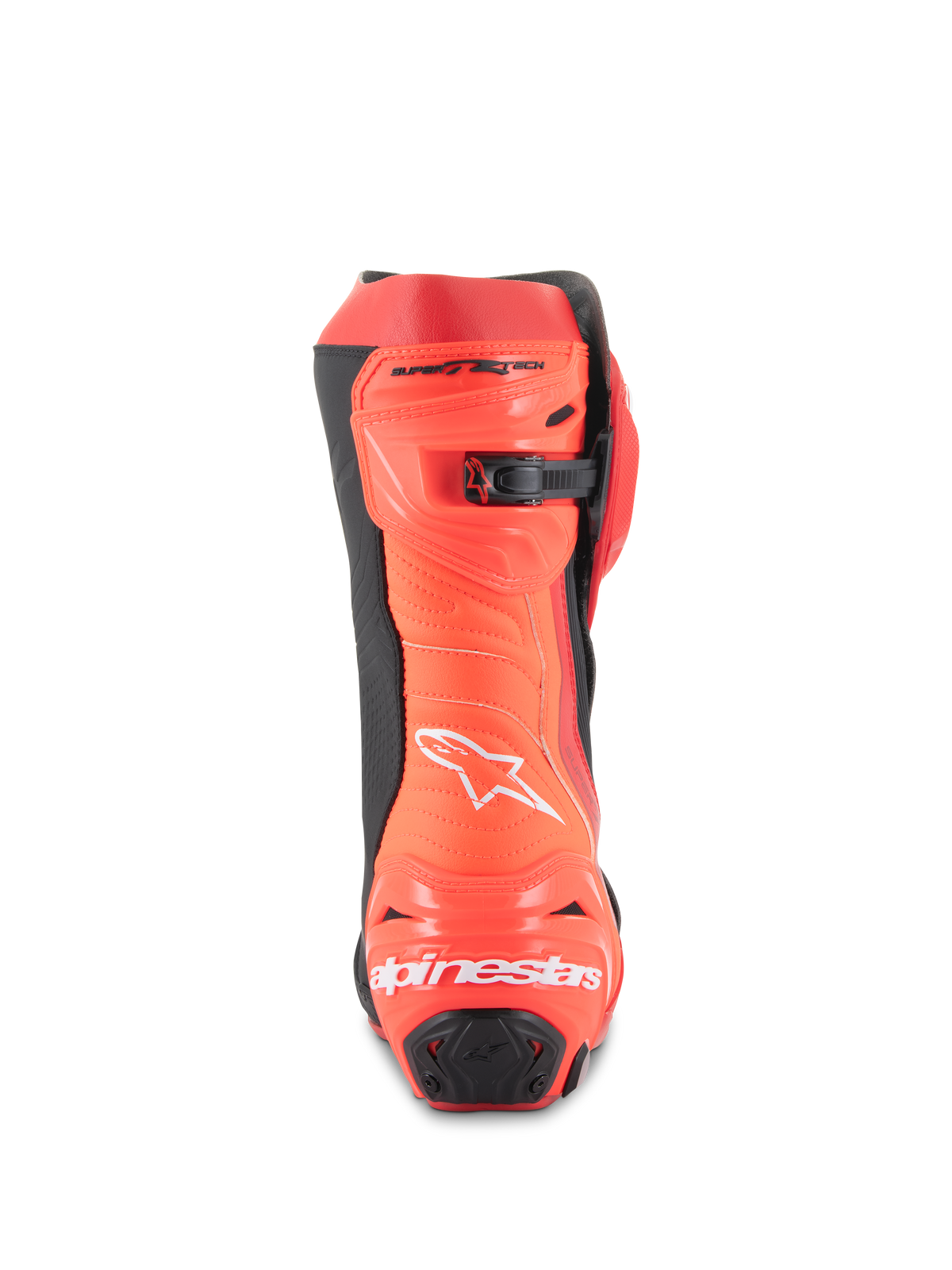 Botas Alpinestars Supertech R, botas de corrida para motociclismo, vermelho vivo e vermelho fluo, vista traseira mostrando o protetor de calcanhar com logótipo branco, detalhes pretos e fecho de catraca micro-ajustável na parte superior.